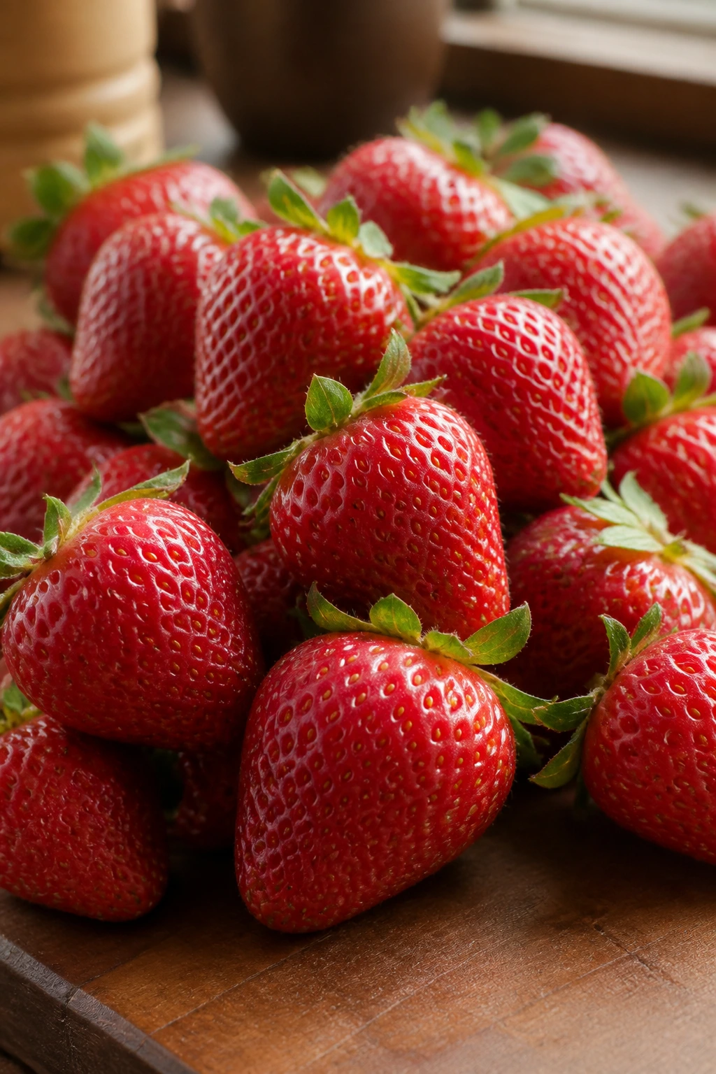 Close-up of fresh strawberries on a wooden kitchen counter