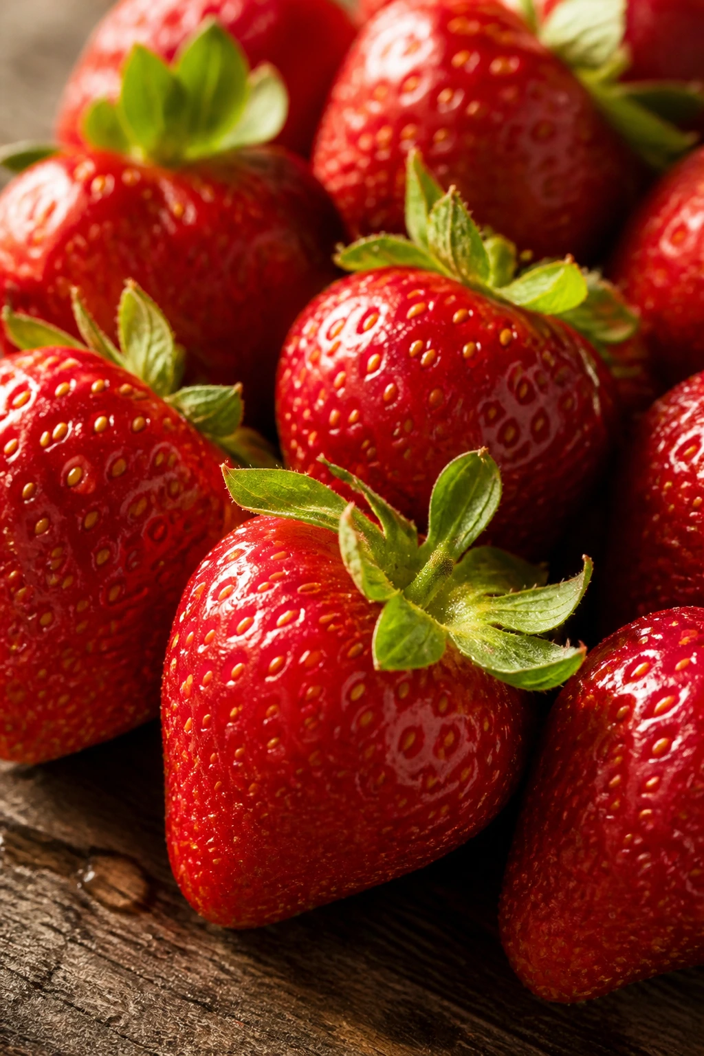 Close-up of ripe strawberries filling the frame on a kitchen counter