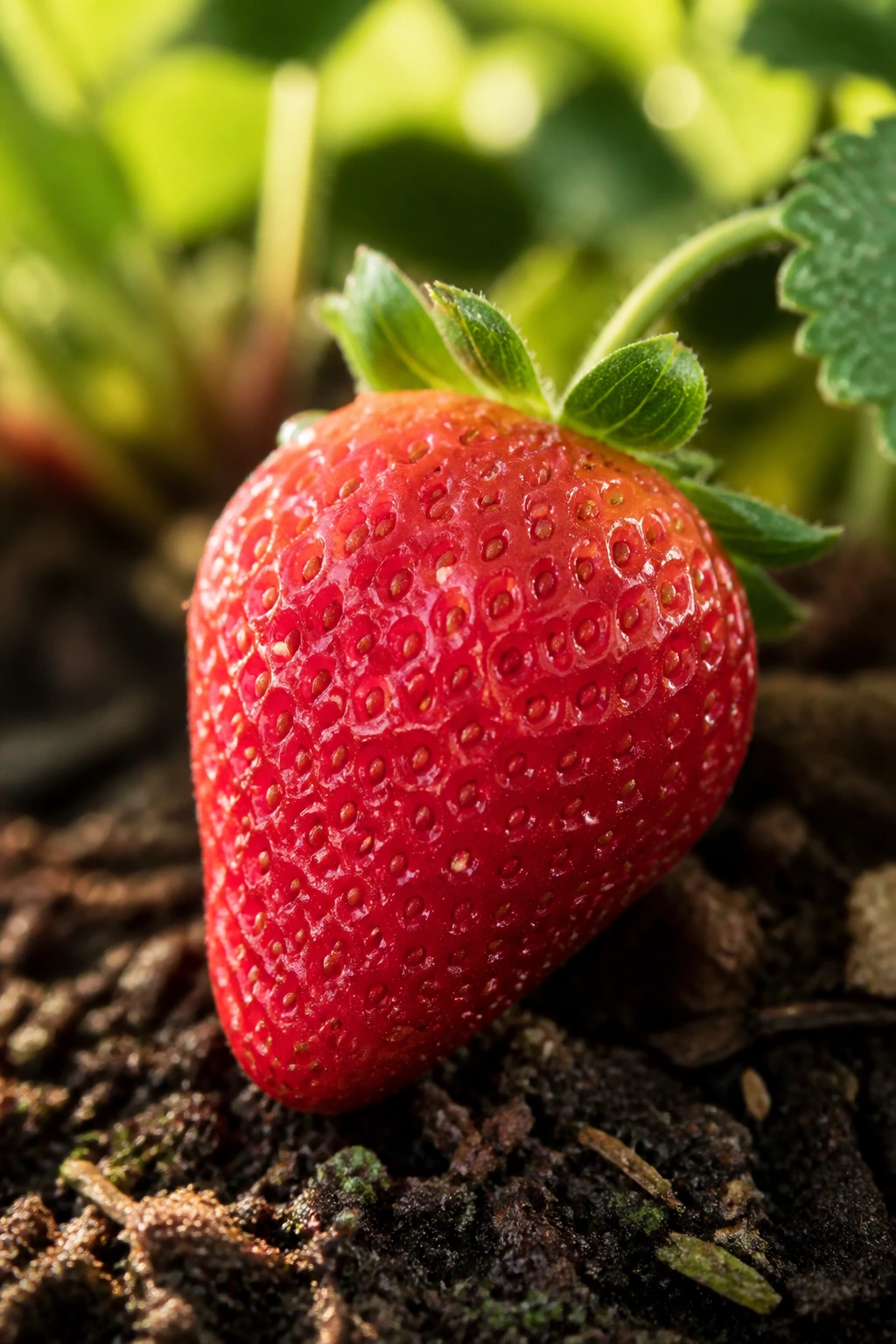 Macro close-up of a single ripe strawberry in a garden setting