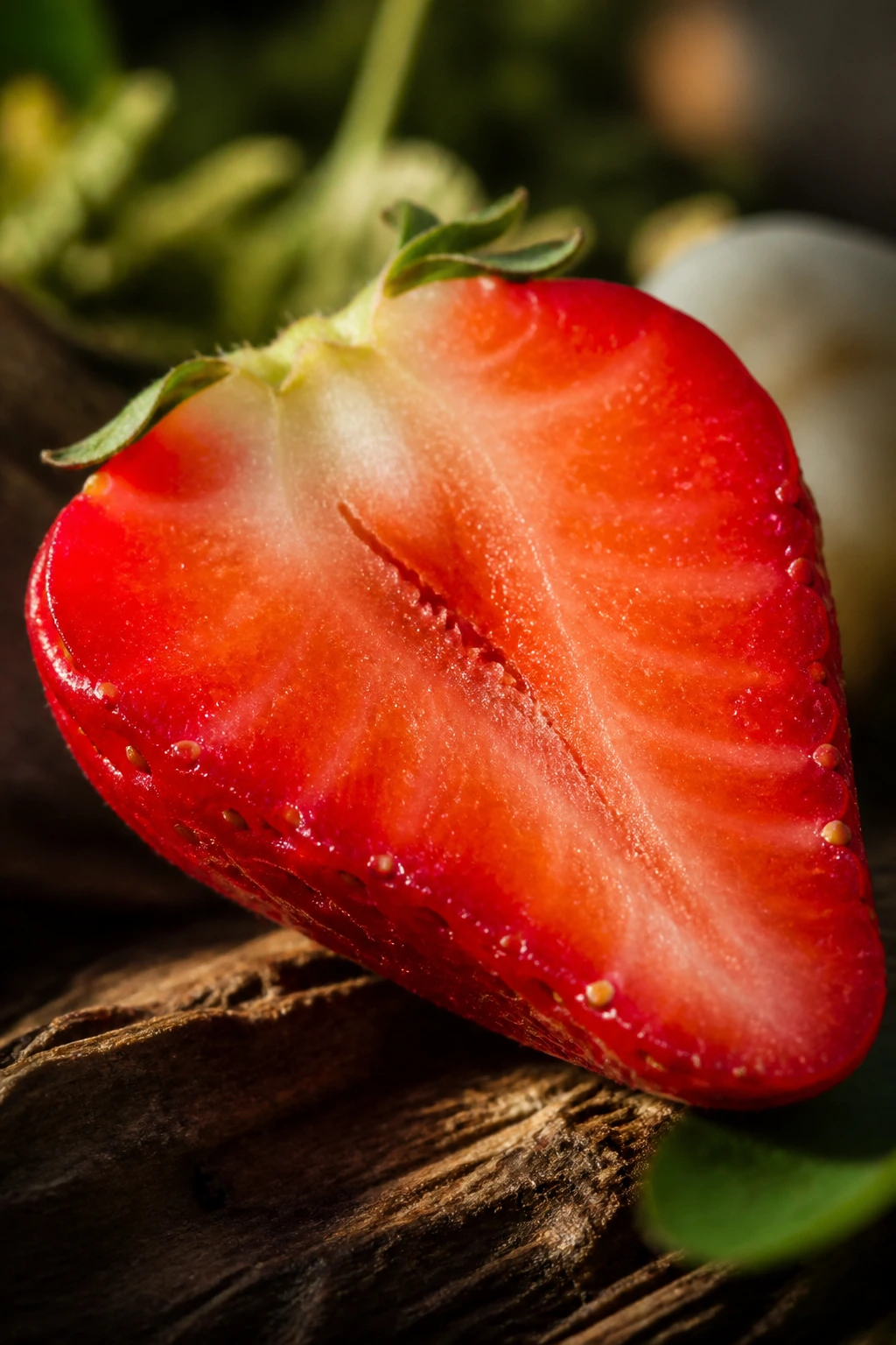 Halved strawberry showing interior flesh and seeds.