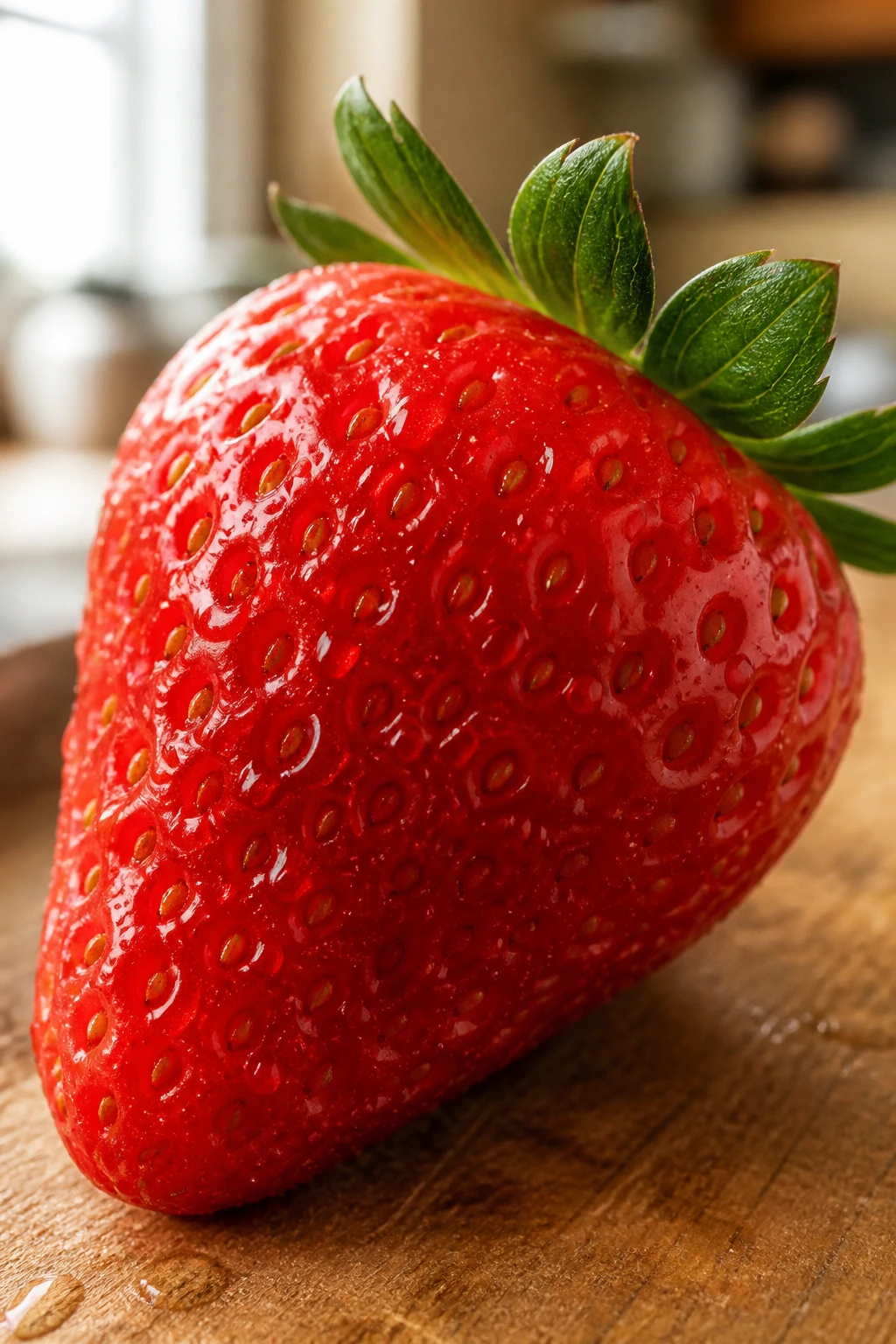 Close-up of a ripe strawberry showing texture and dew in a kitchen setting