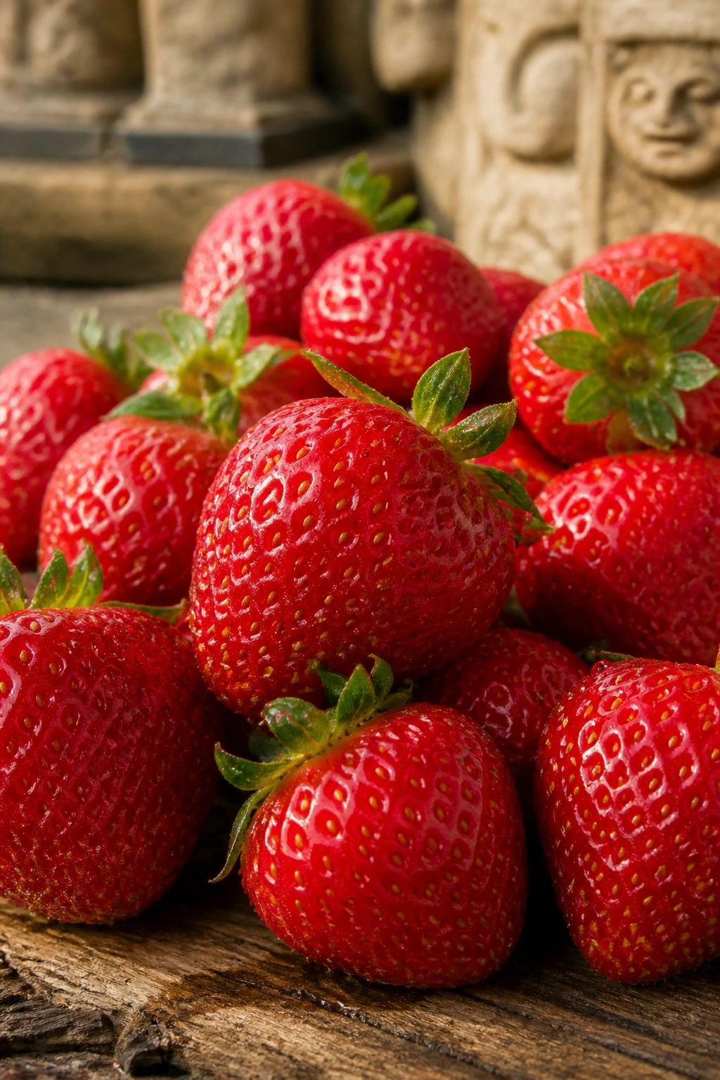 Close-up of ripe strawberries on a rustic surface evoking ancient origins