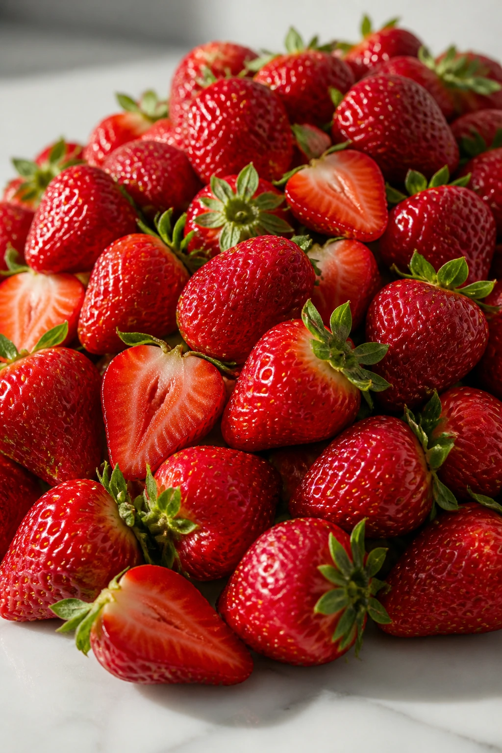 Overflowing strawberries on a kitchen surface
