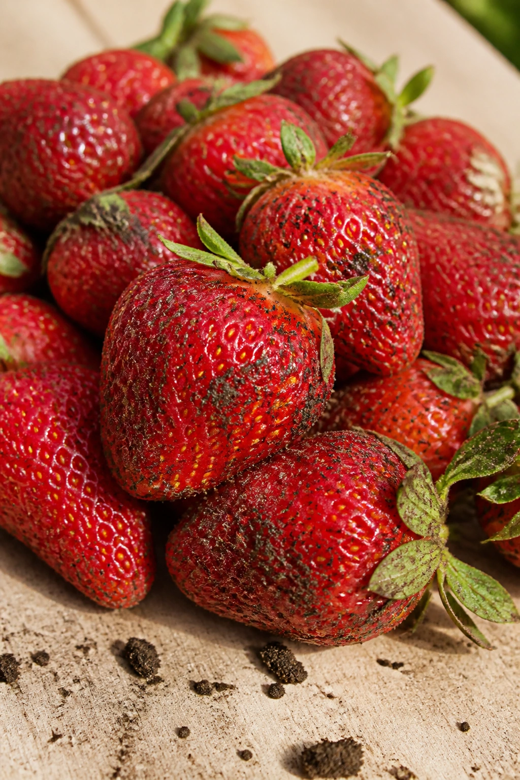 Cluster of ripe strawberries piled on a wooden surface