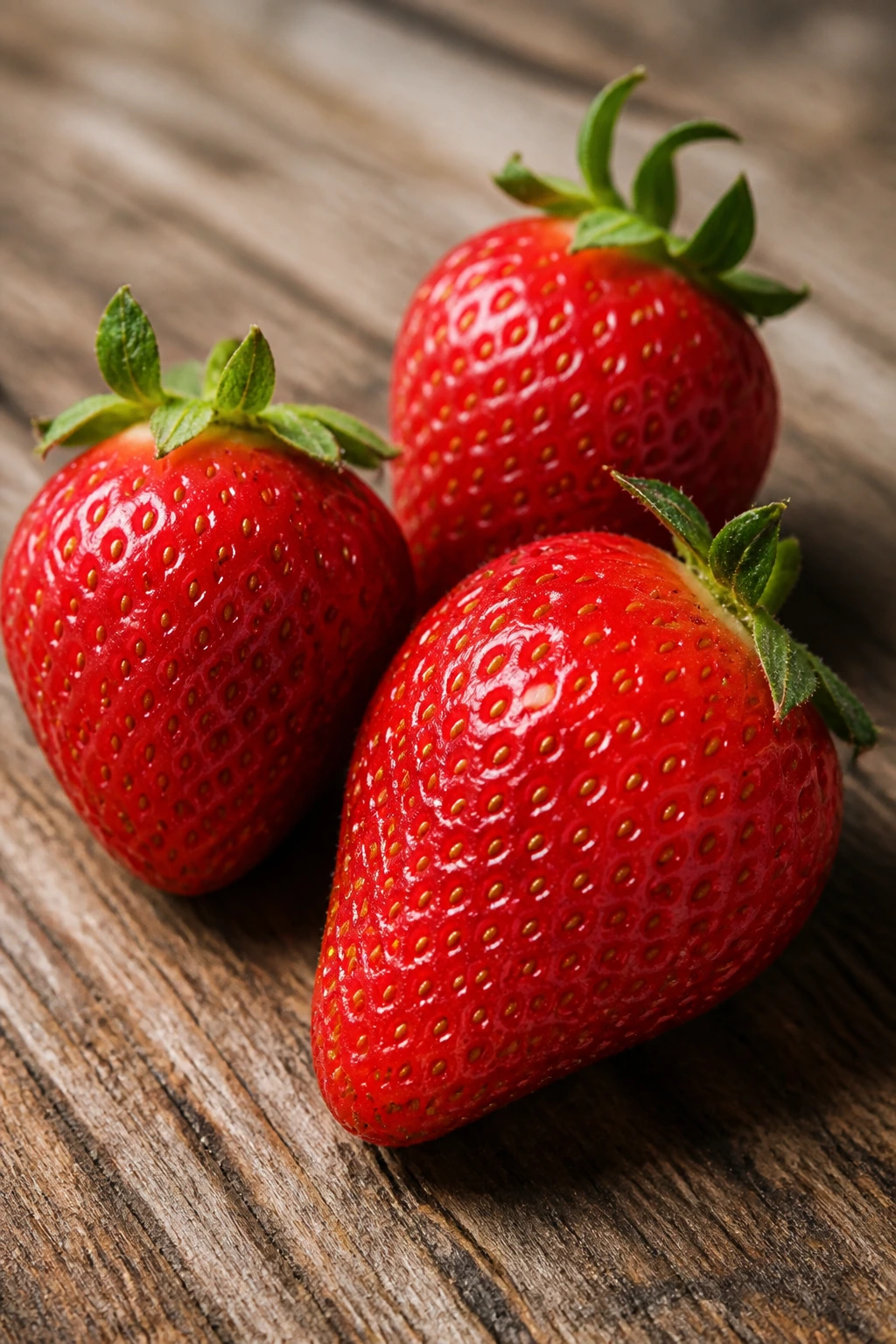 Multiple strawberries on a wooden surface suggesting weekly serving guidelines for rats