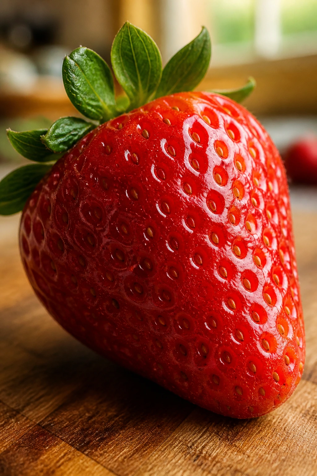 Close-up of a ripe strawberry on a wooden cutting board, suitable for rat diet