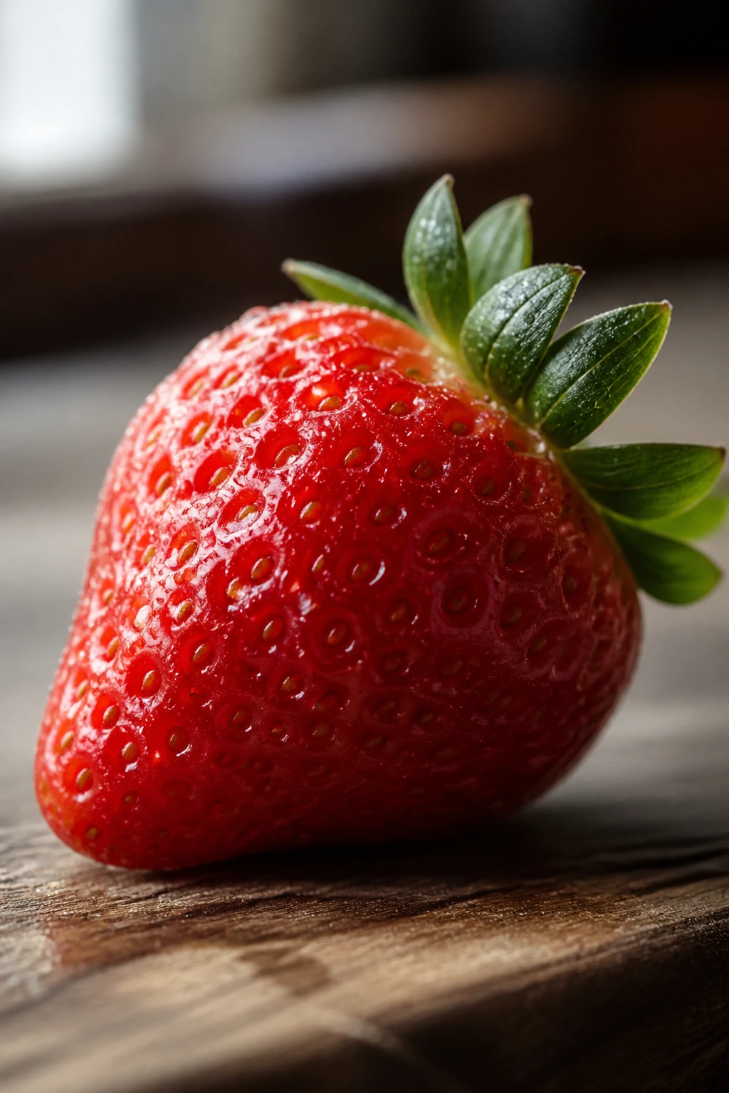 Close-up of a strawberry on a wooden surface under soft kitchen light