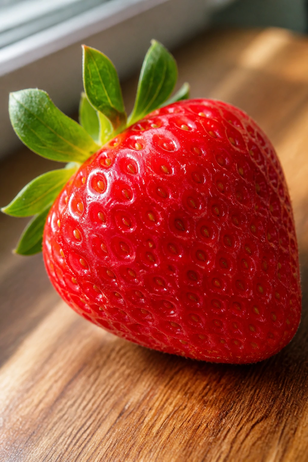 Close-up of a ripe strawberry highlighting nutrition for rats on a kitchen counter