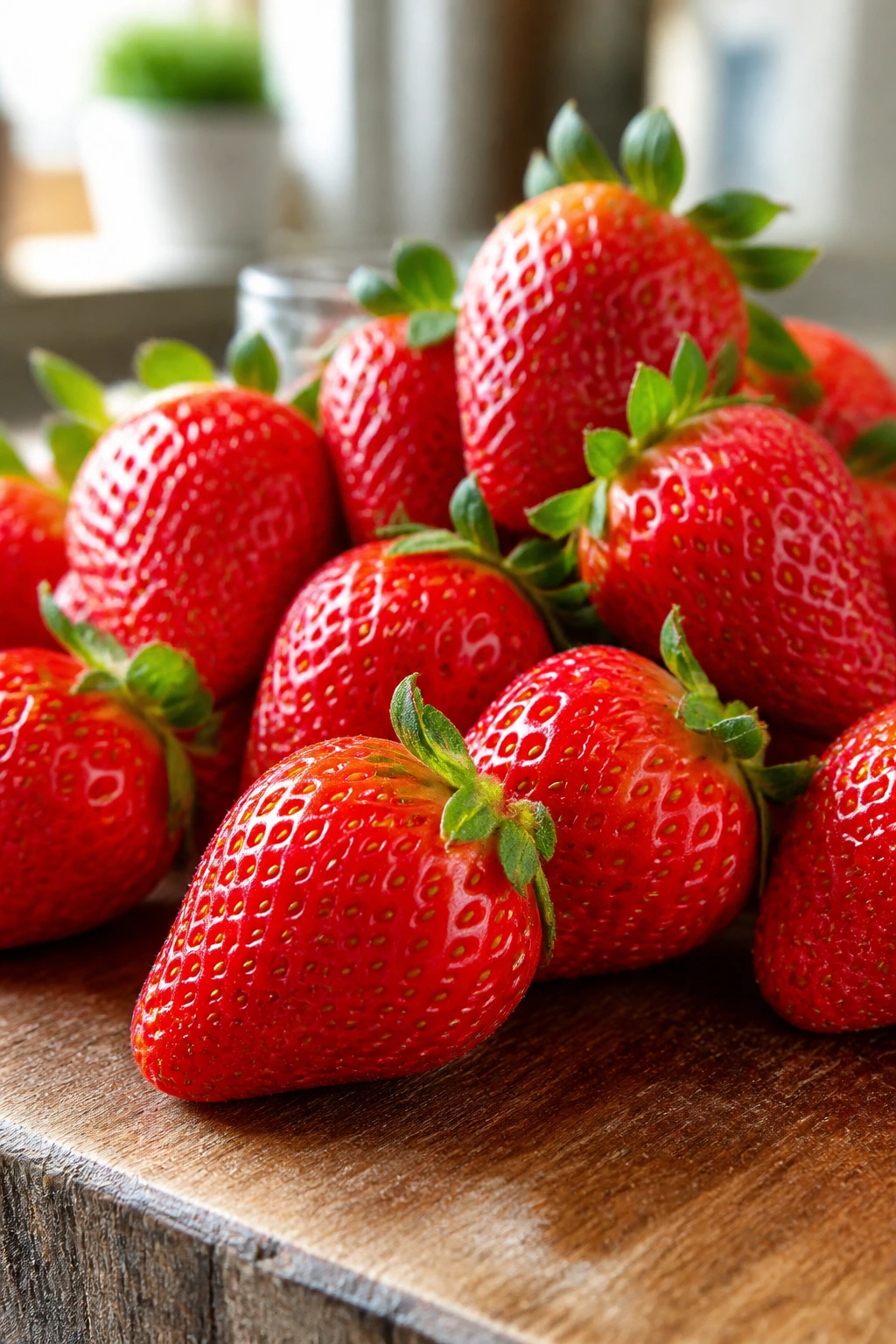 Are Strawberries Sweet, Sour, or Tart? 1 Close-up of ripe strawberries filling frame on wooden board in bright kitchen