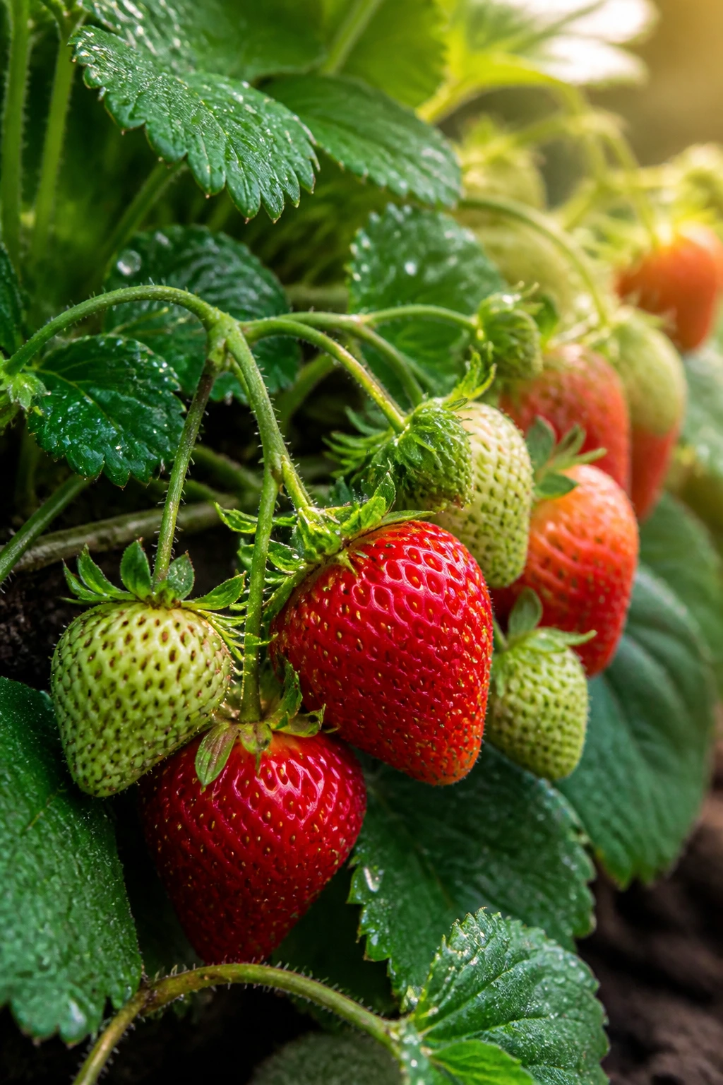 Are Strawberries Sweet, Sour, or Tart? 2 Strawberry plant with ripening berries in a garden, showing sour to sweet progression