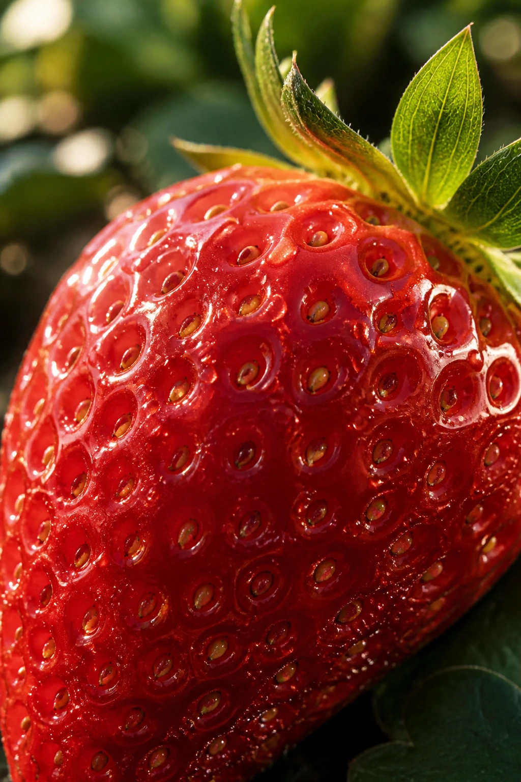 Close-up strawberry with dew in a sunlit outdoor garden