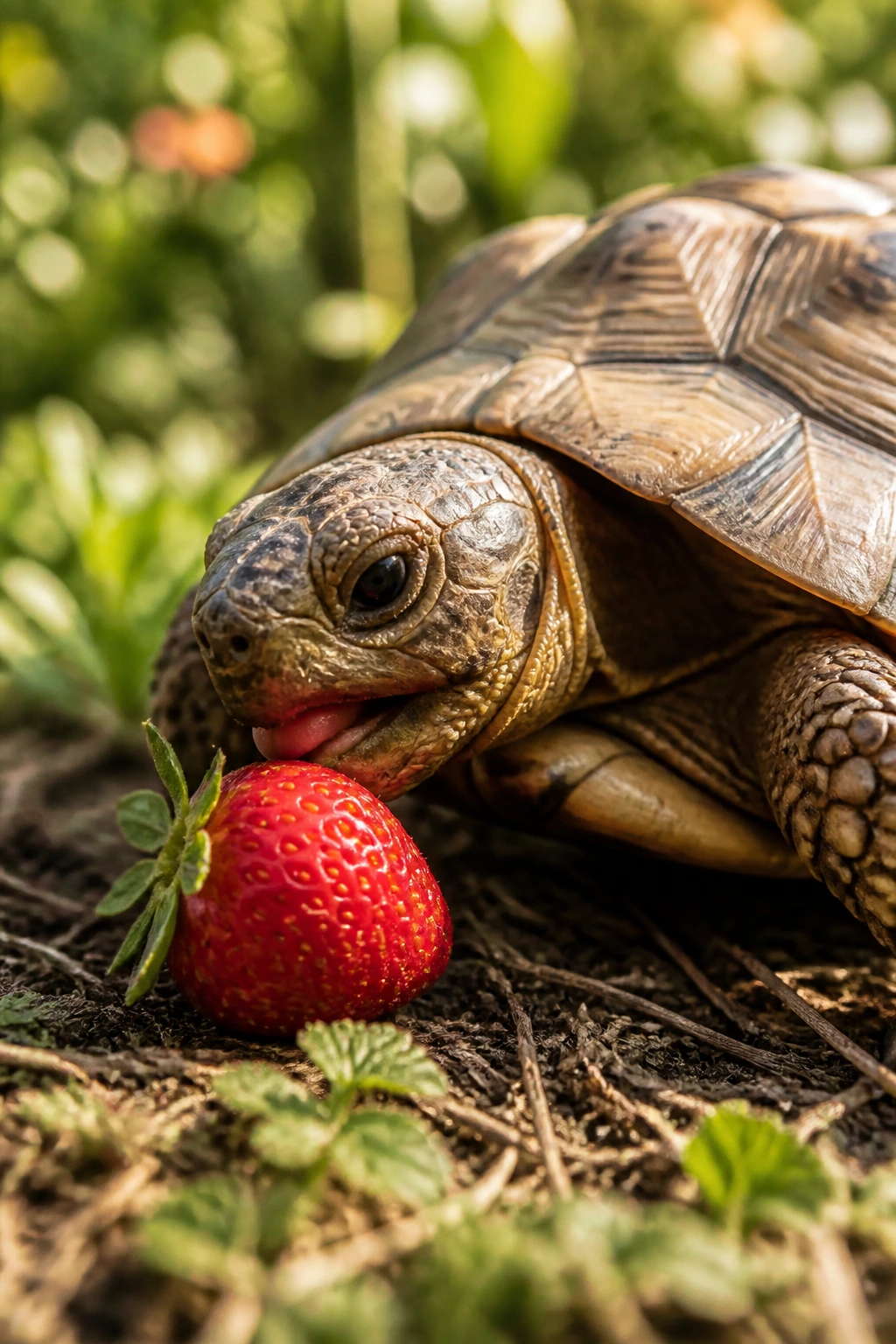 Tortoise with a strawberry near its mouth in a garden