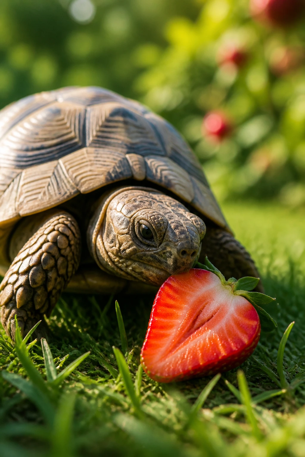 Tortoise eyeing a strawberry half in a sunlit garden