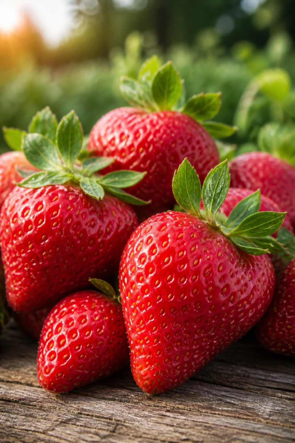 Close-up of ripe strawberries on a wooden surface, ready for turtle diet.
