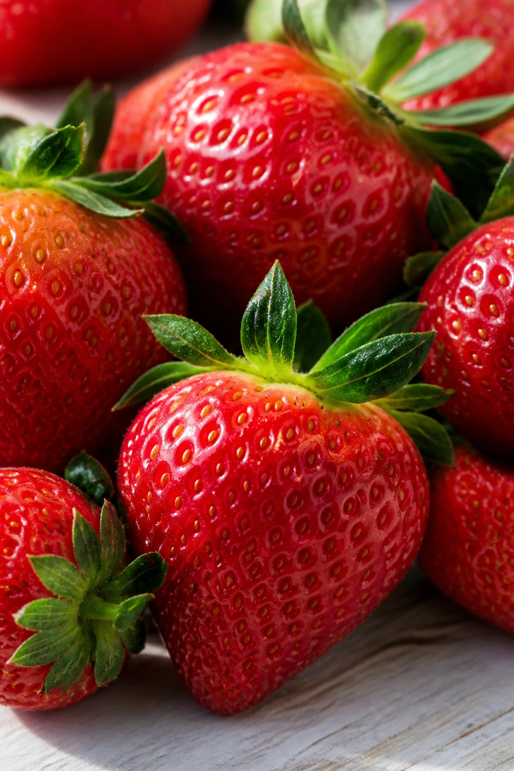 Close-up of ripe strawberries filling the frame showing vibrant red color