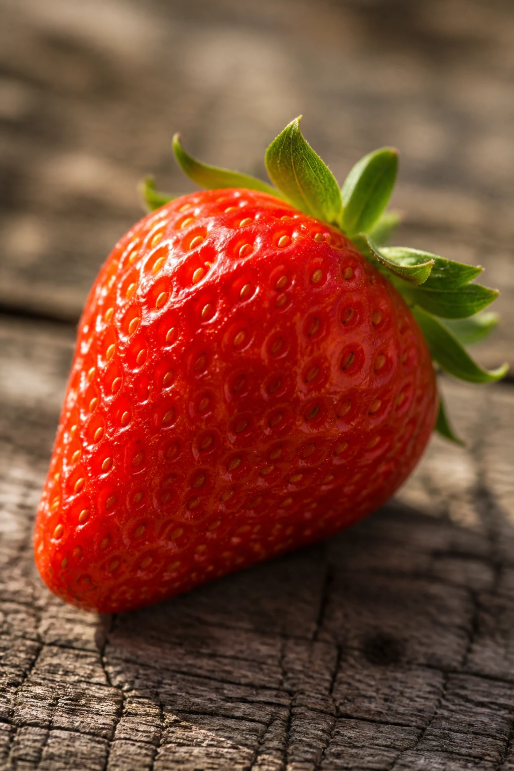 Close-up of a ripe strawberry on wood with natural light