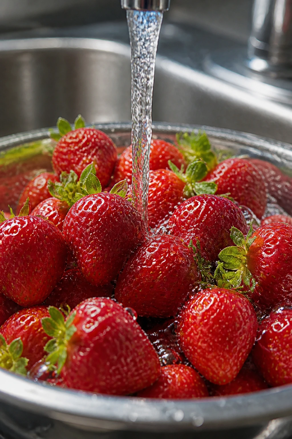 Fresh strawberries being washed under running water in a kitchen sink.