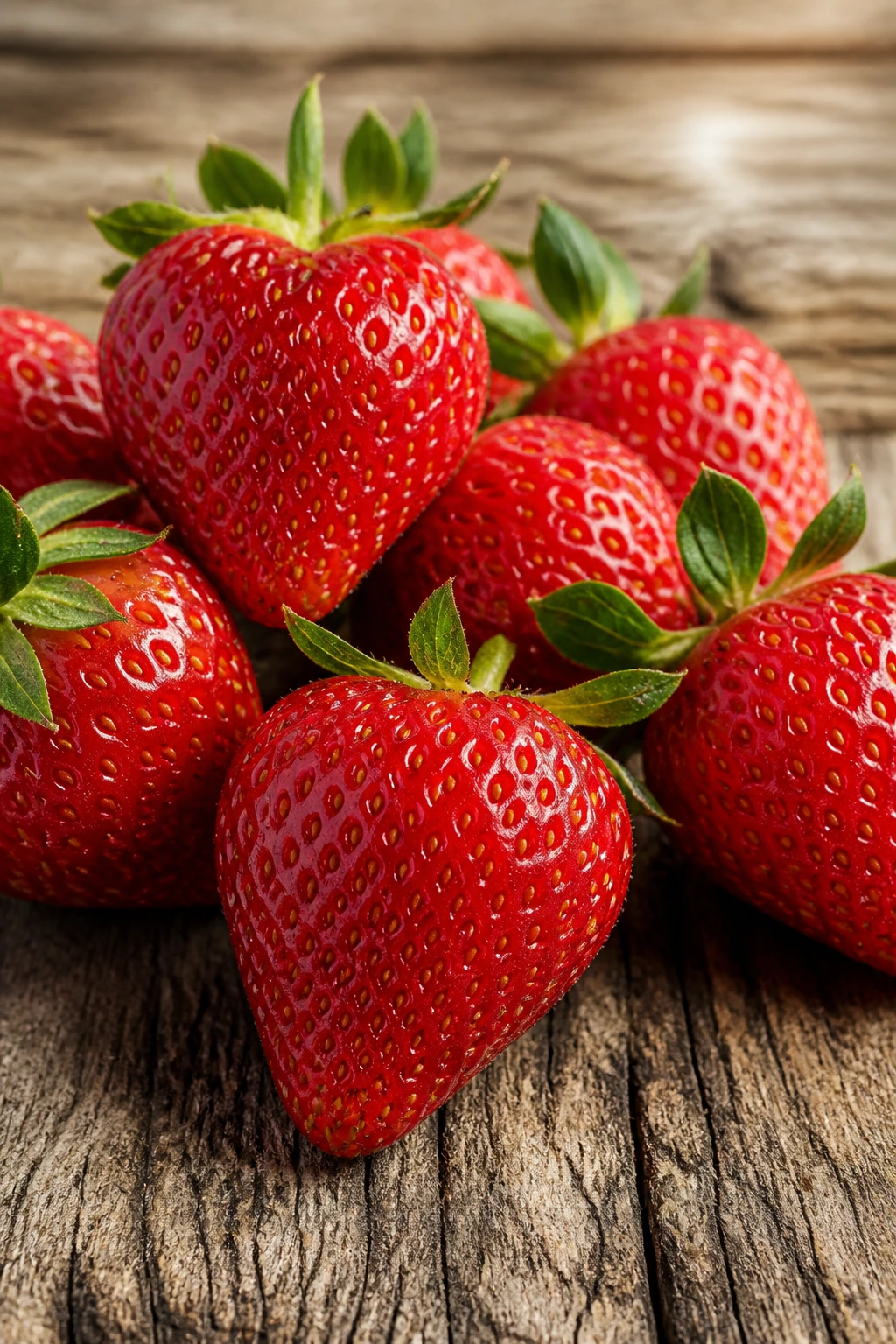 Pile of strawberries on wooden surface
