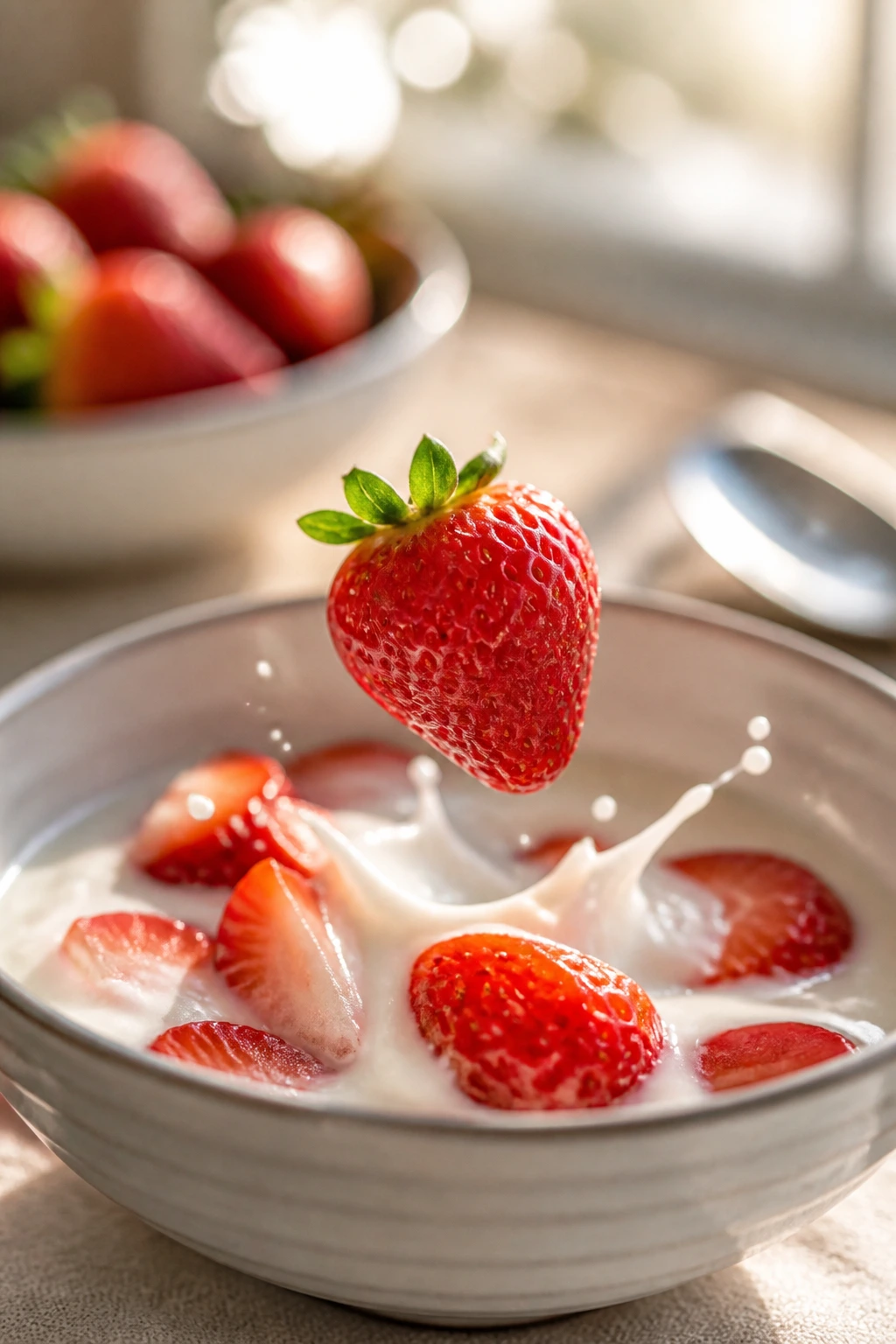 Are Strawberries Good For Your Teeth? 2 Strawberry being added to a yogurt bowl for a healthy breakfast