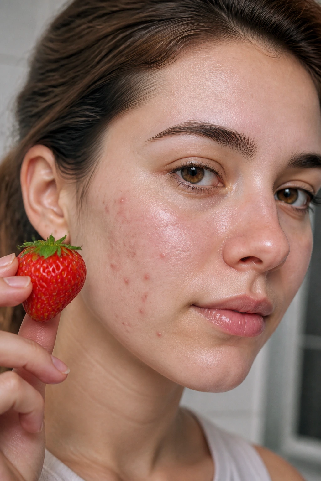 Banishing Breakouts: Are Strawberries Good For Acne? 4 Portrait of a real person with a visible strawberry near the cheek.