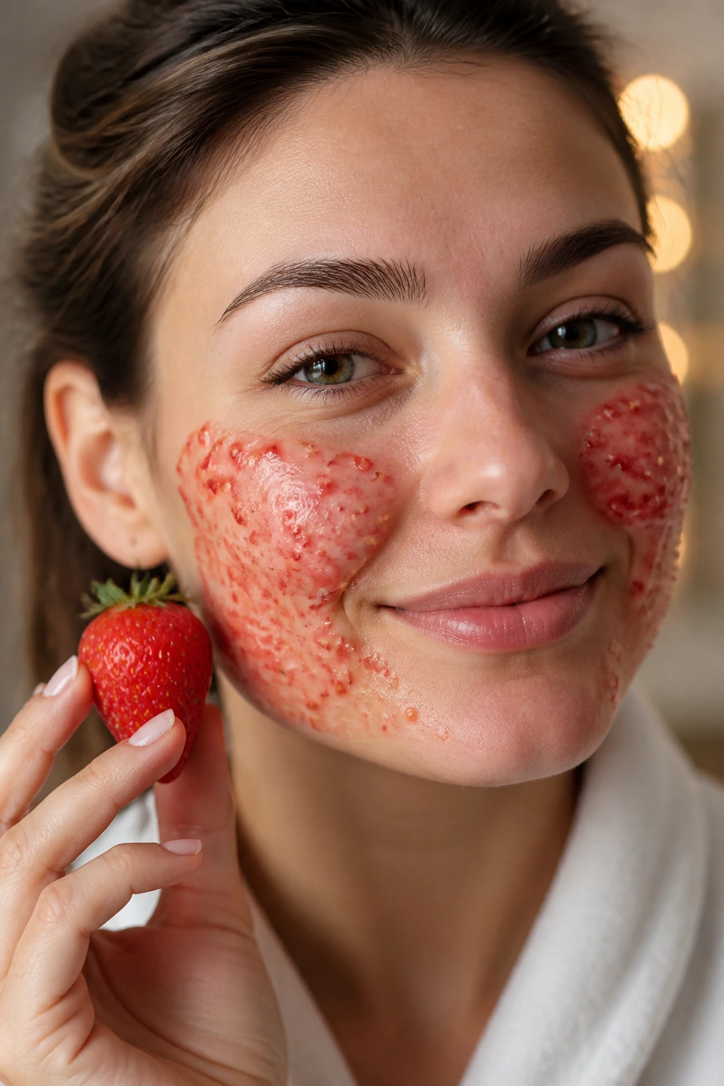 Banishing Breakouts: Are Strawberries Good For Acne? 3 Portrait of a real person with strawberry facial mask on cheeks.