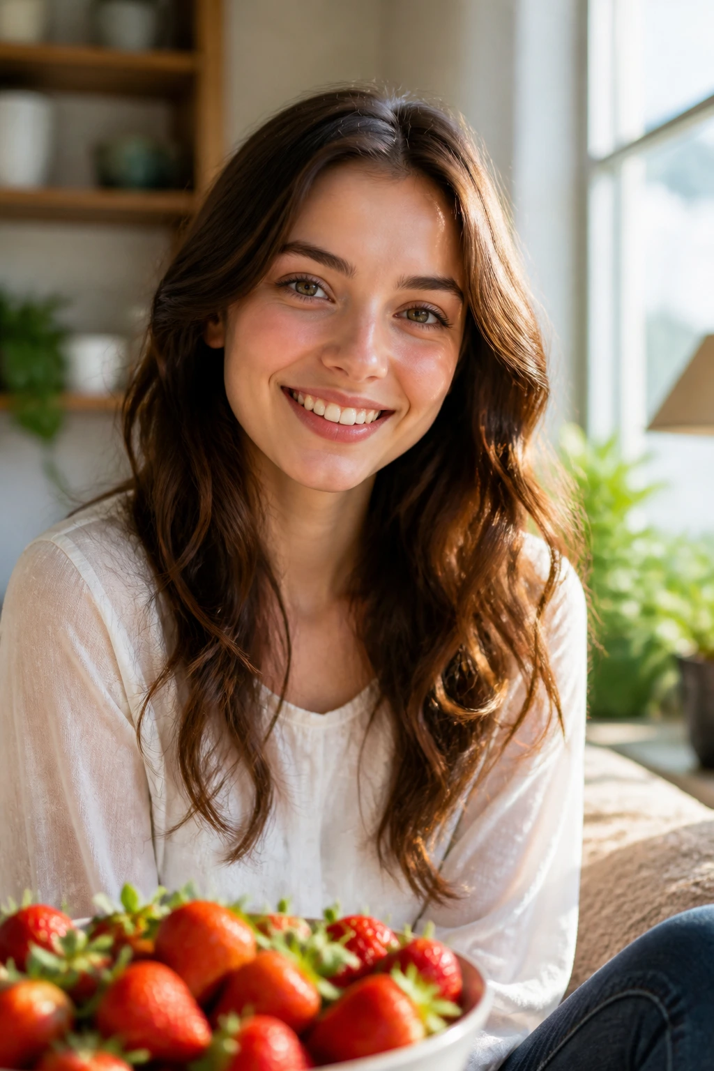 Happy person living safely with strawberry allergy in a sunlit home