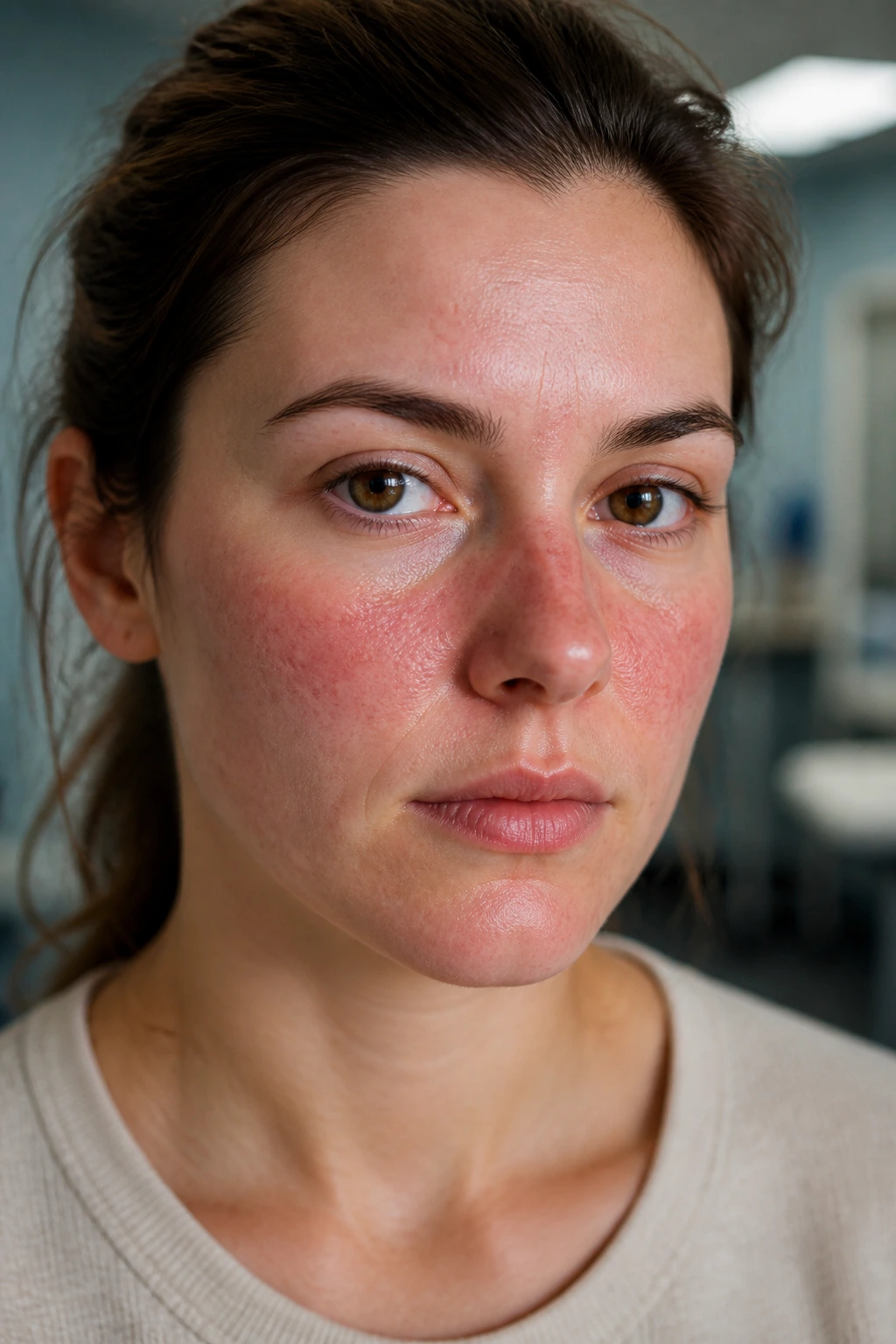 Portrait close-up of a person with mild facial rash from strawberry allergy