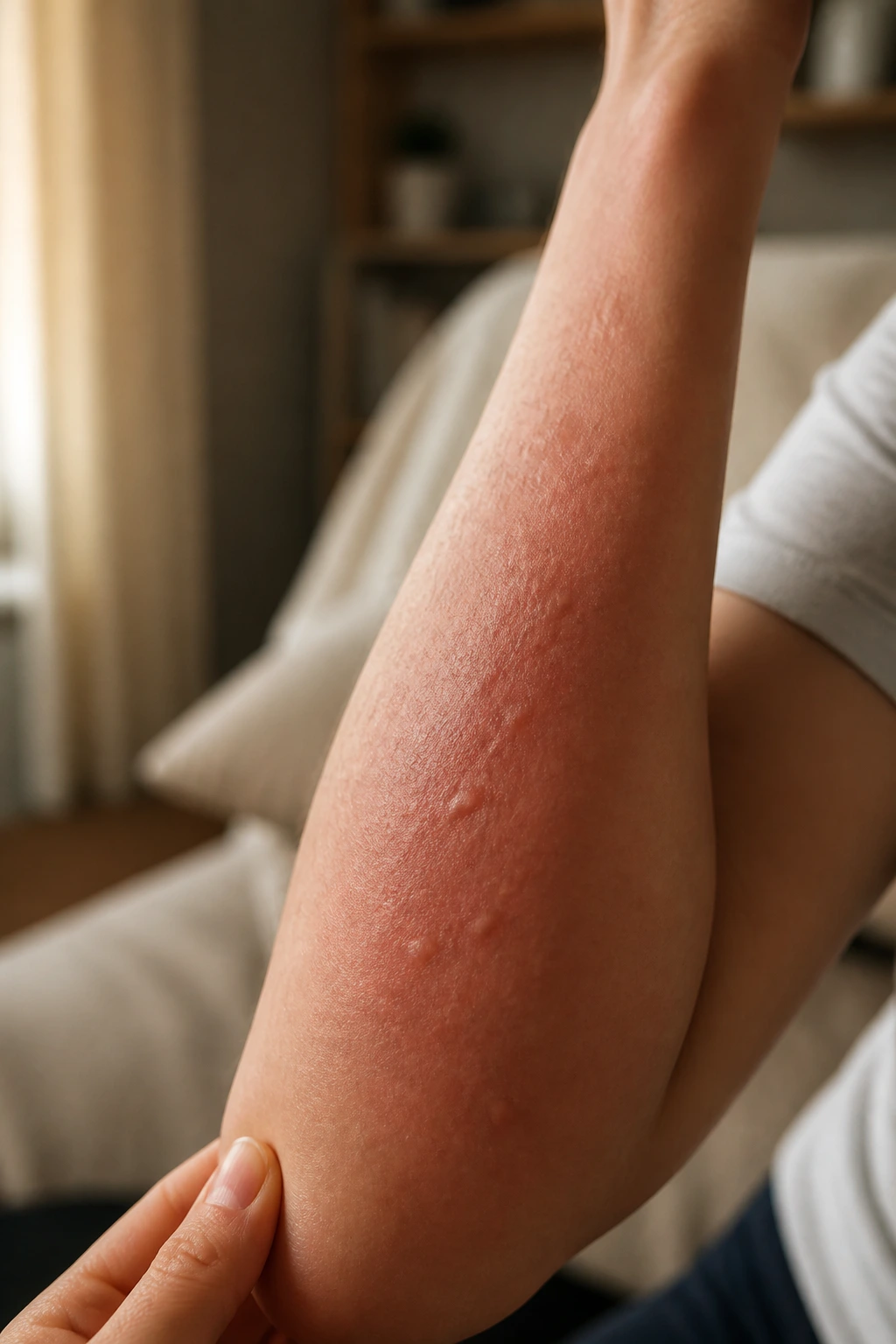 Close-up forearm with light hives indicating strawberry allergy