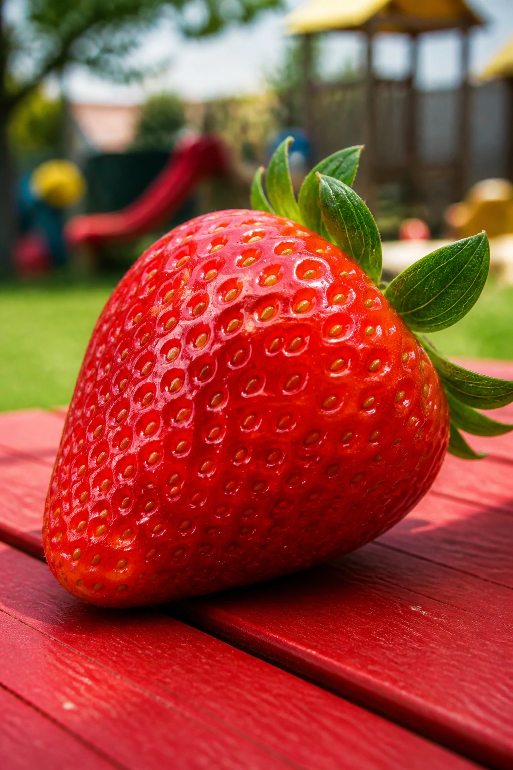 40 Strawberry Puns That Are So Berry Funny To Make Your Day 7 Close-up of a strawberry on a sunny backyard picnic table with blurred background