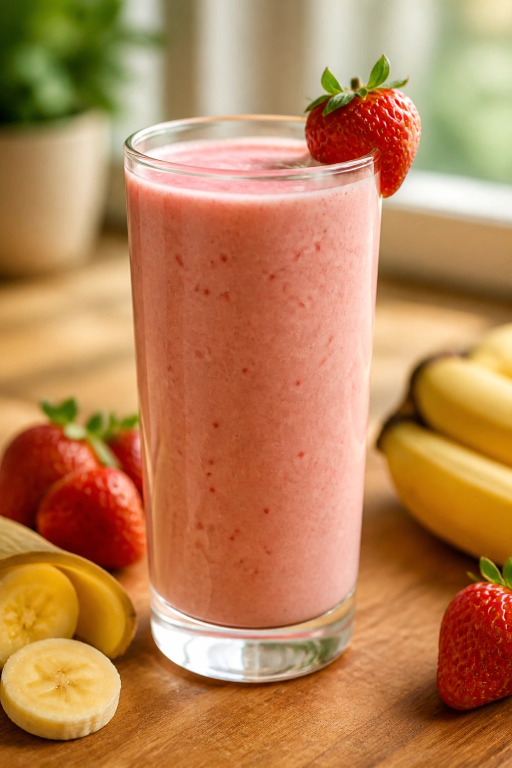 Close-up of a tall glass of strawberry banana smoothie on a wooden kitchen counter