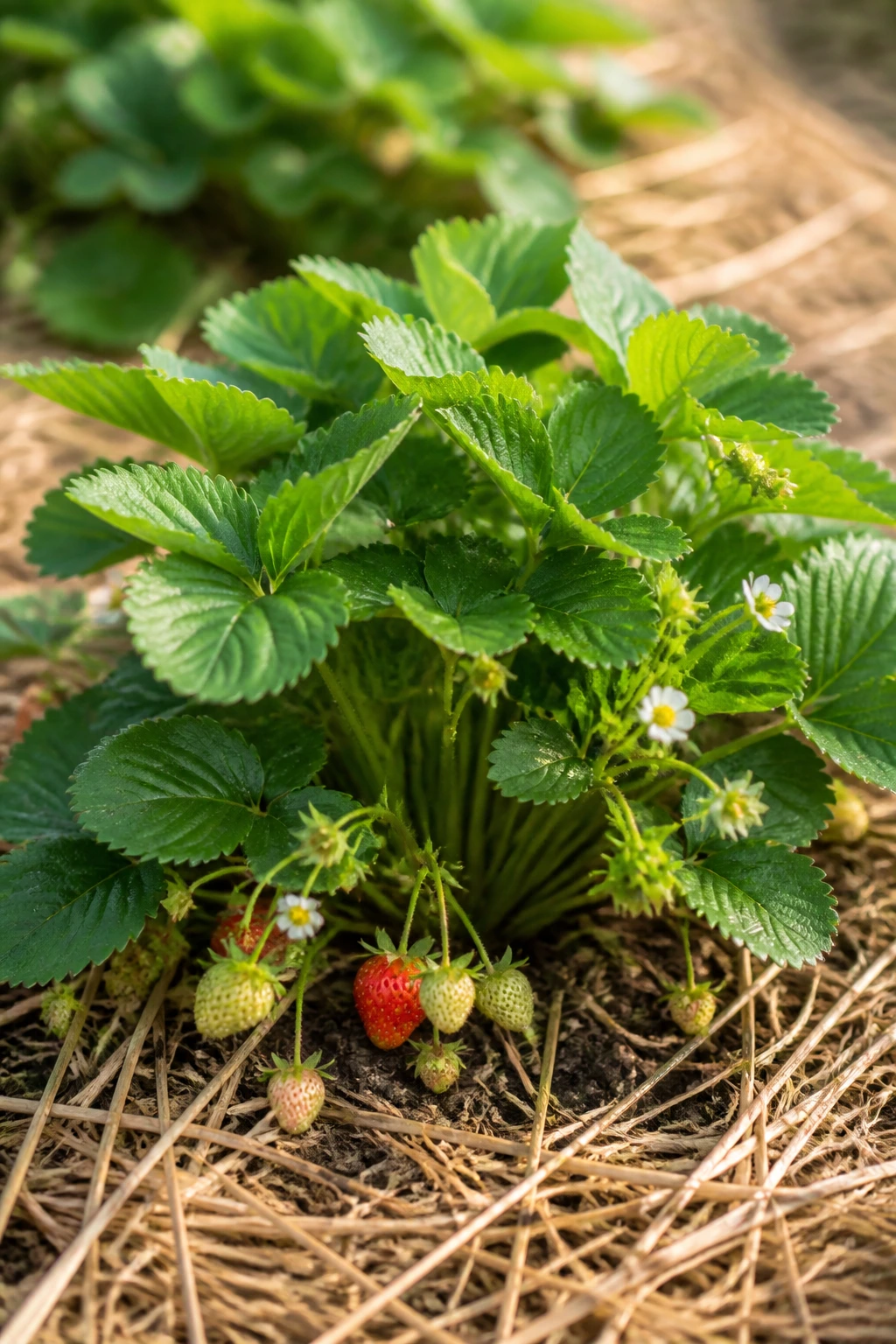 Why Are My Strawberry Plants Not Producing Fruit? 5 Healthy strawberry plant with straw mulch around the base in a garden bed.
