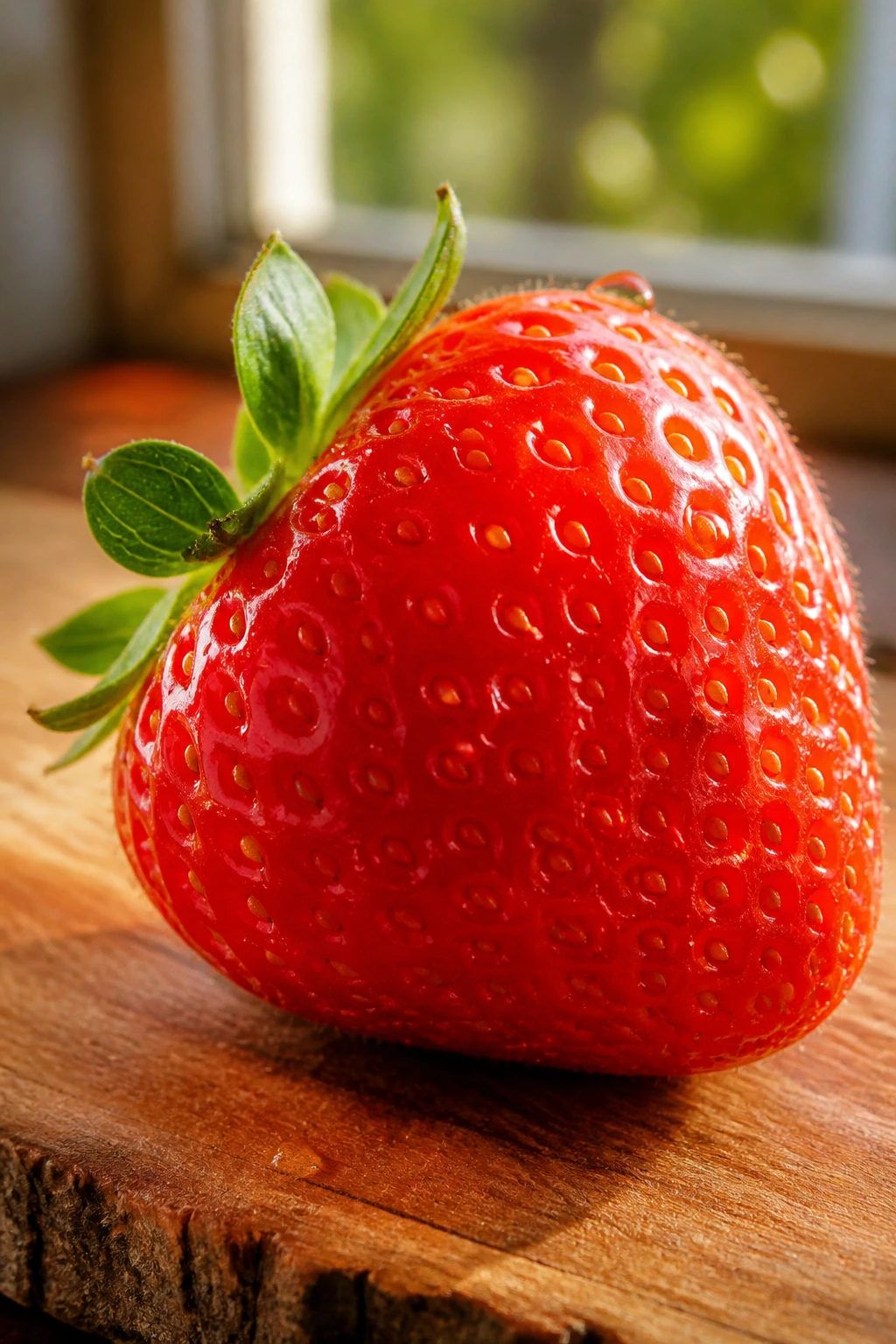 10 Amazing Fruits That Symbolize Love 1 Close-up of a single dewy ripe strawberry on a wooden surface