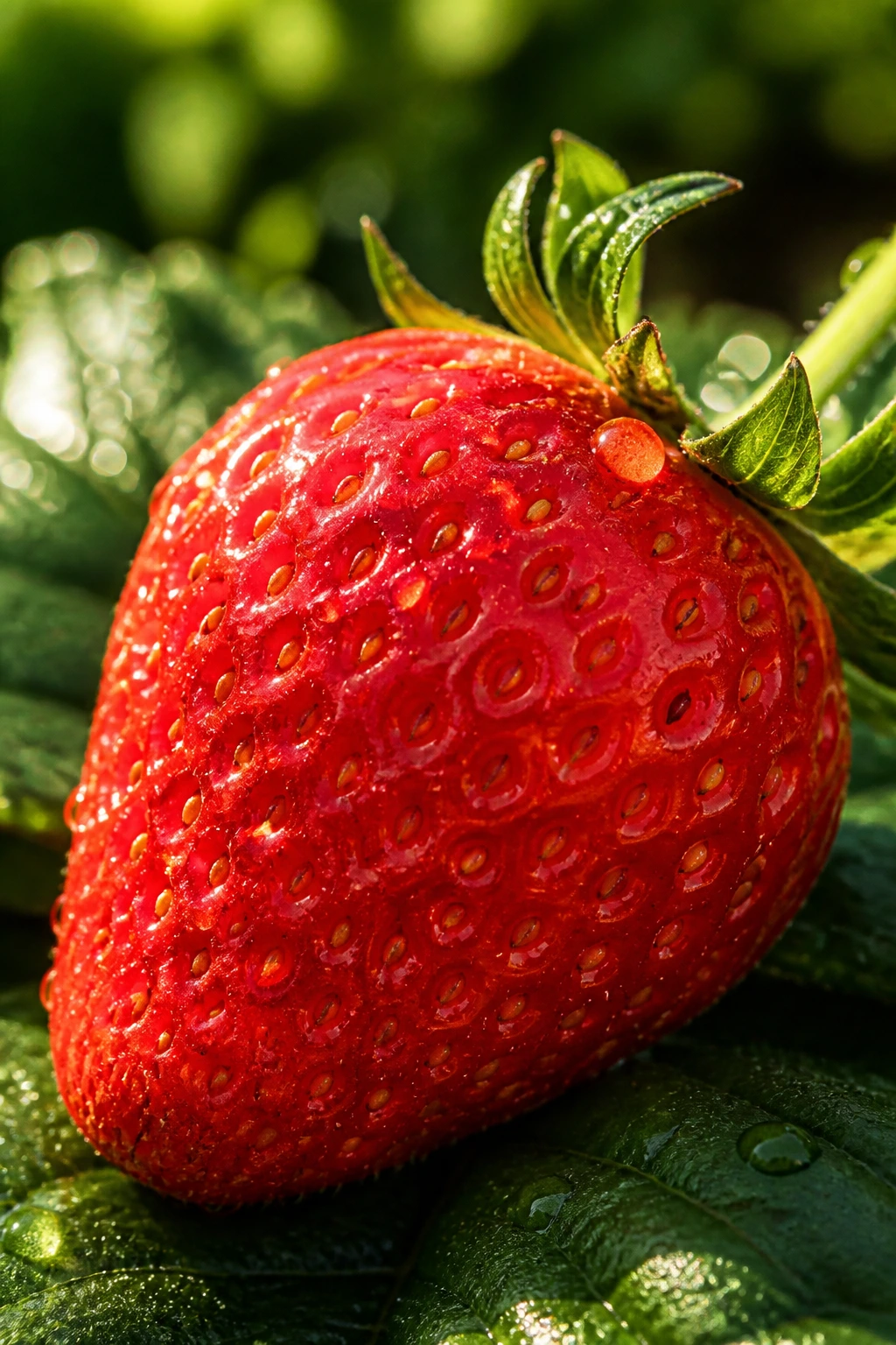 Close-up of a ripe strawberry in a sunlit garden