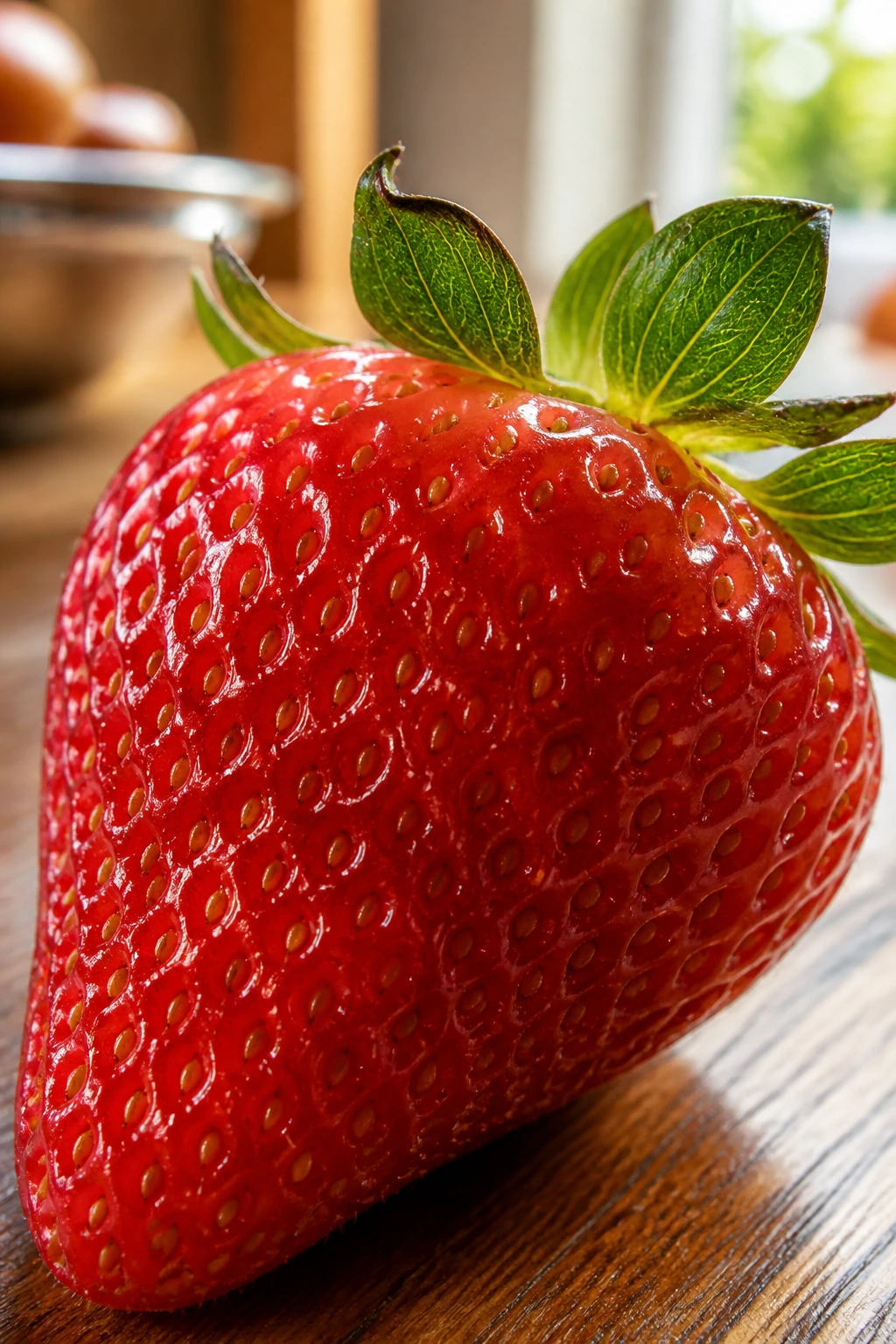 Close-up of a strawberry filling the frame in a kitchen setting.