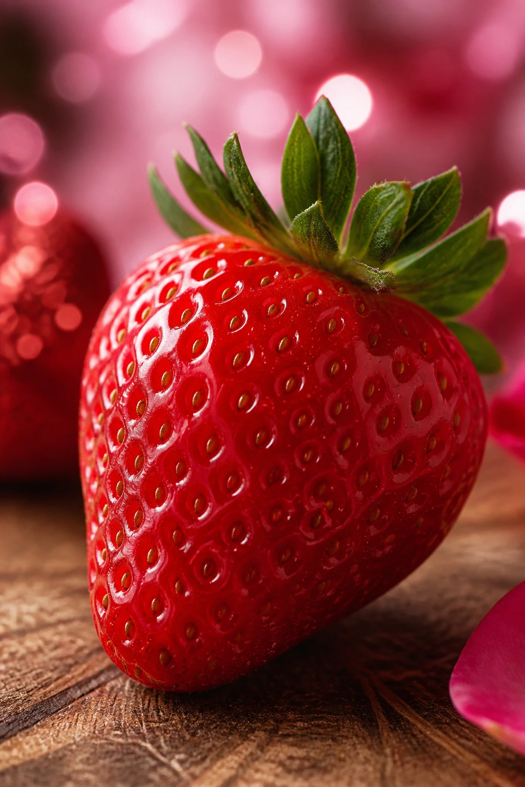 40 Strawberry Puns That Are So Berry Funny To Make Your Day 3 Close-up of a single ripe strawberry on a wooden cutting board with soft pink bokeh