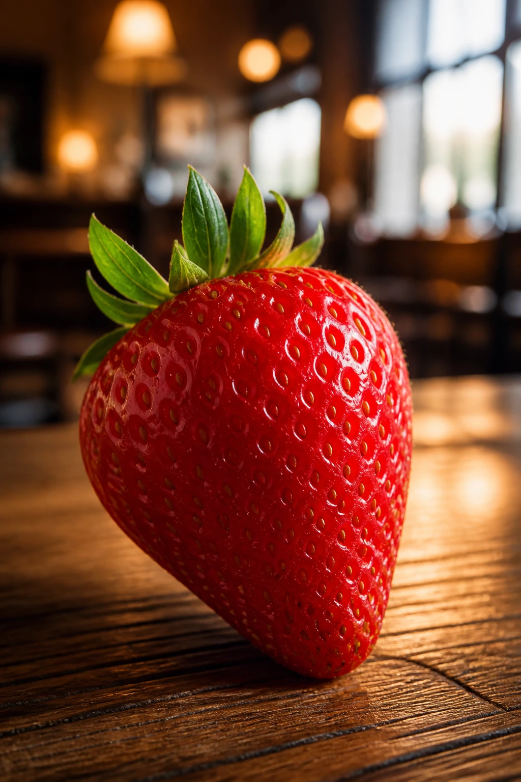 Glossy strawberry centered in warm cafe lighting
