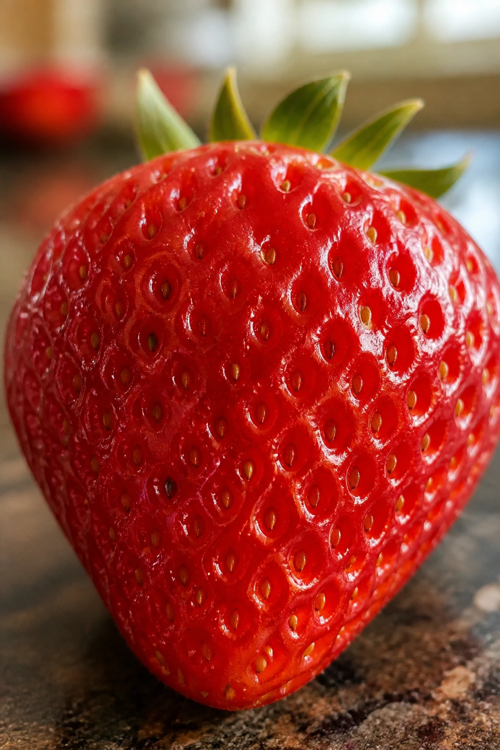 Close-up of a ripe red strawberry showing deep color to the top on a kitchen counter