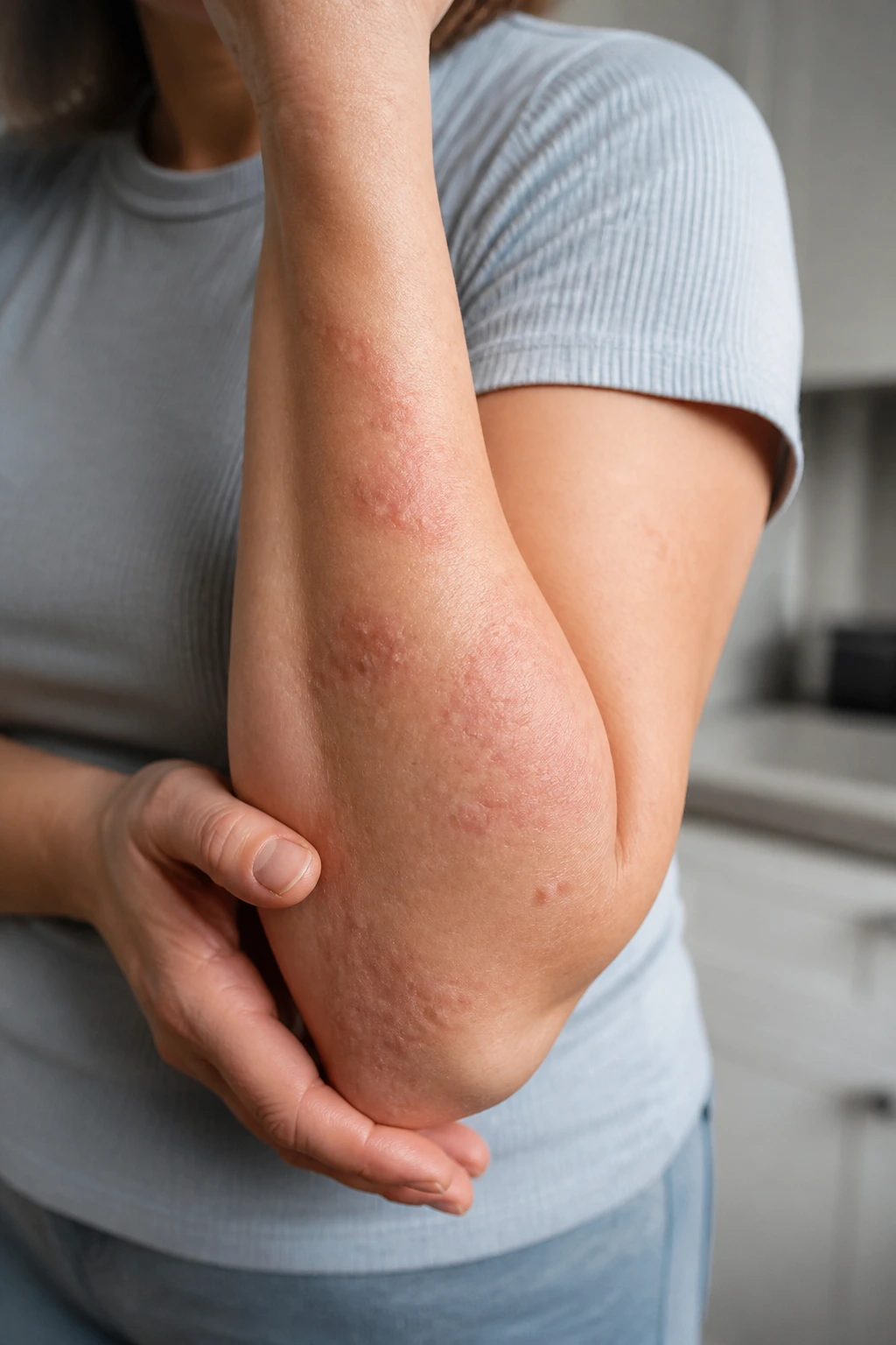 Forearm skin reaction suggesting cross-reactivity in strawberry allergy