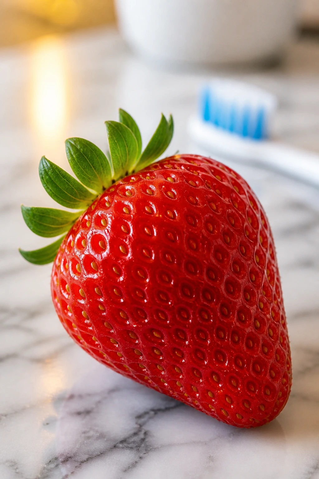 Are Strawberries Good For Your Teeth? 3 Close-up of strawberry with blurred toothbrush in background suggesting dental health