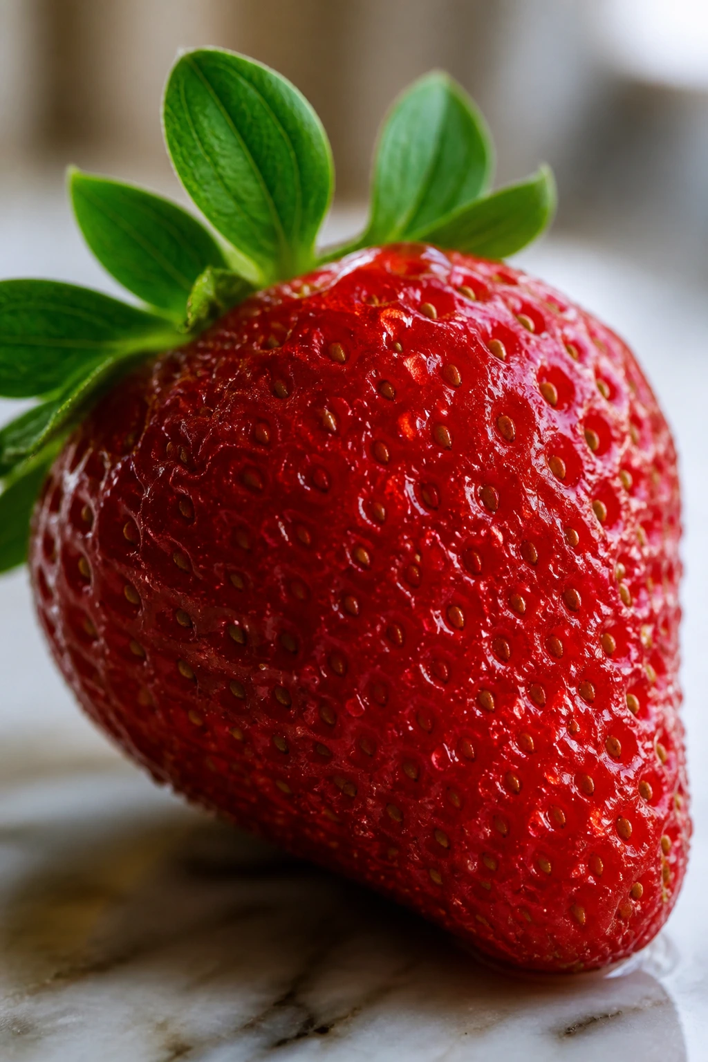 Close-up of a dewy strawberry on a soft surface in natural light