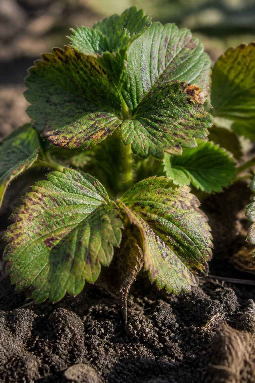 Why Are My Strawberry Plants Not Producing Fruit? 4 Strawberry plant with leaf spots indicating disease or nutrient deficiency in a garden bed.