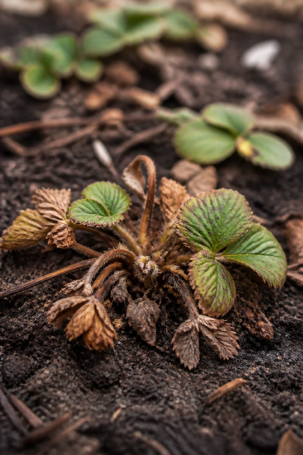 Complete Lifecycle of Strawberry Plants from Start to Finish 13 Dormant strawberry plant resting in a cool-season garden bed
