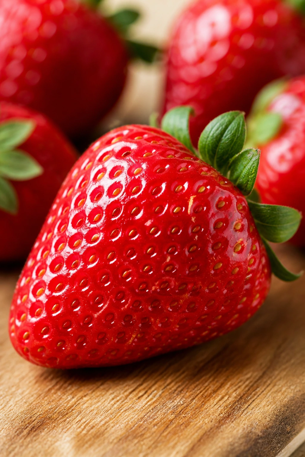 Close-up of glossy strawberry skin reflecting light on a cutting board