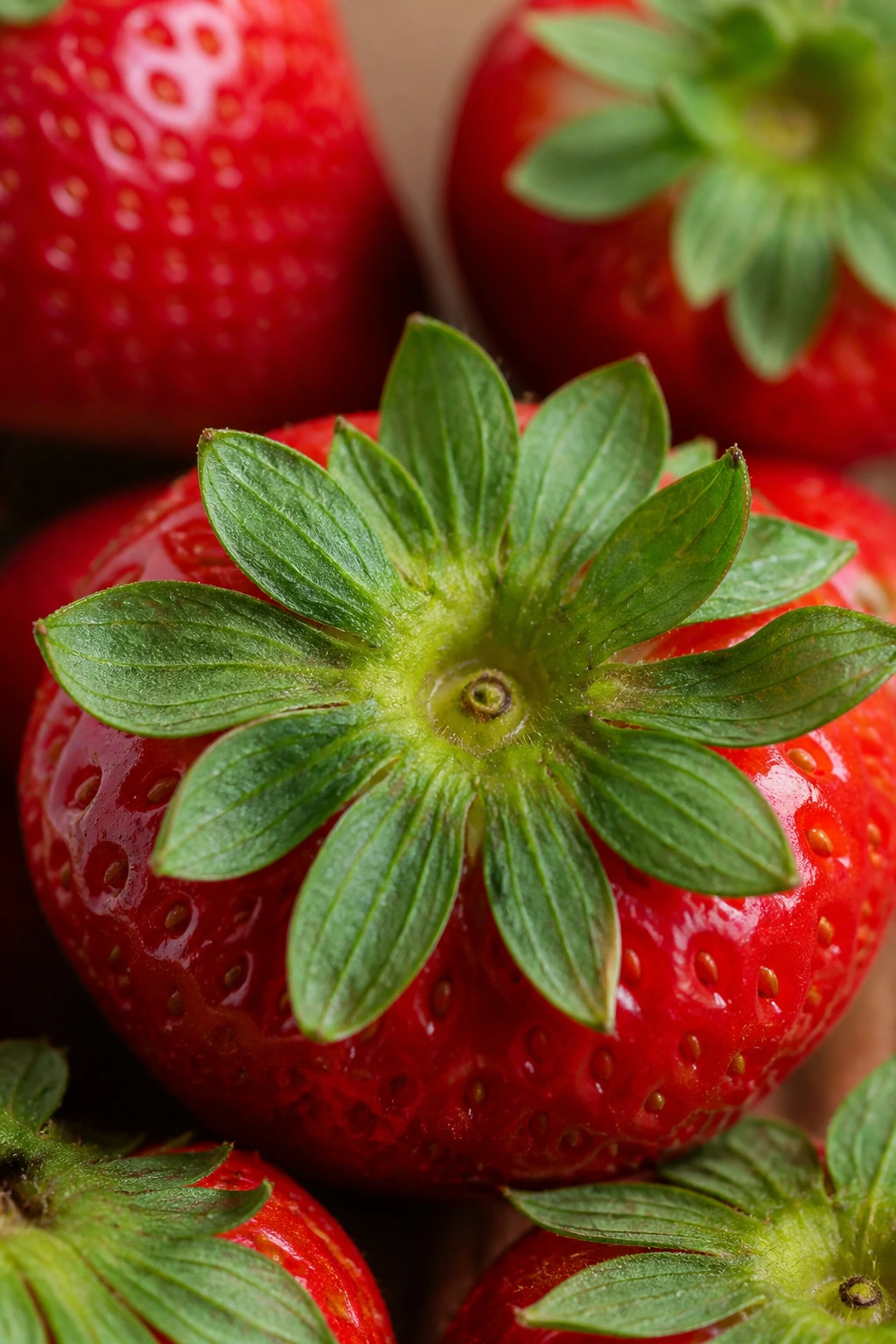 Close-up of fresh green strawberry caps on top of a red berry