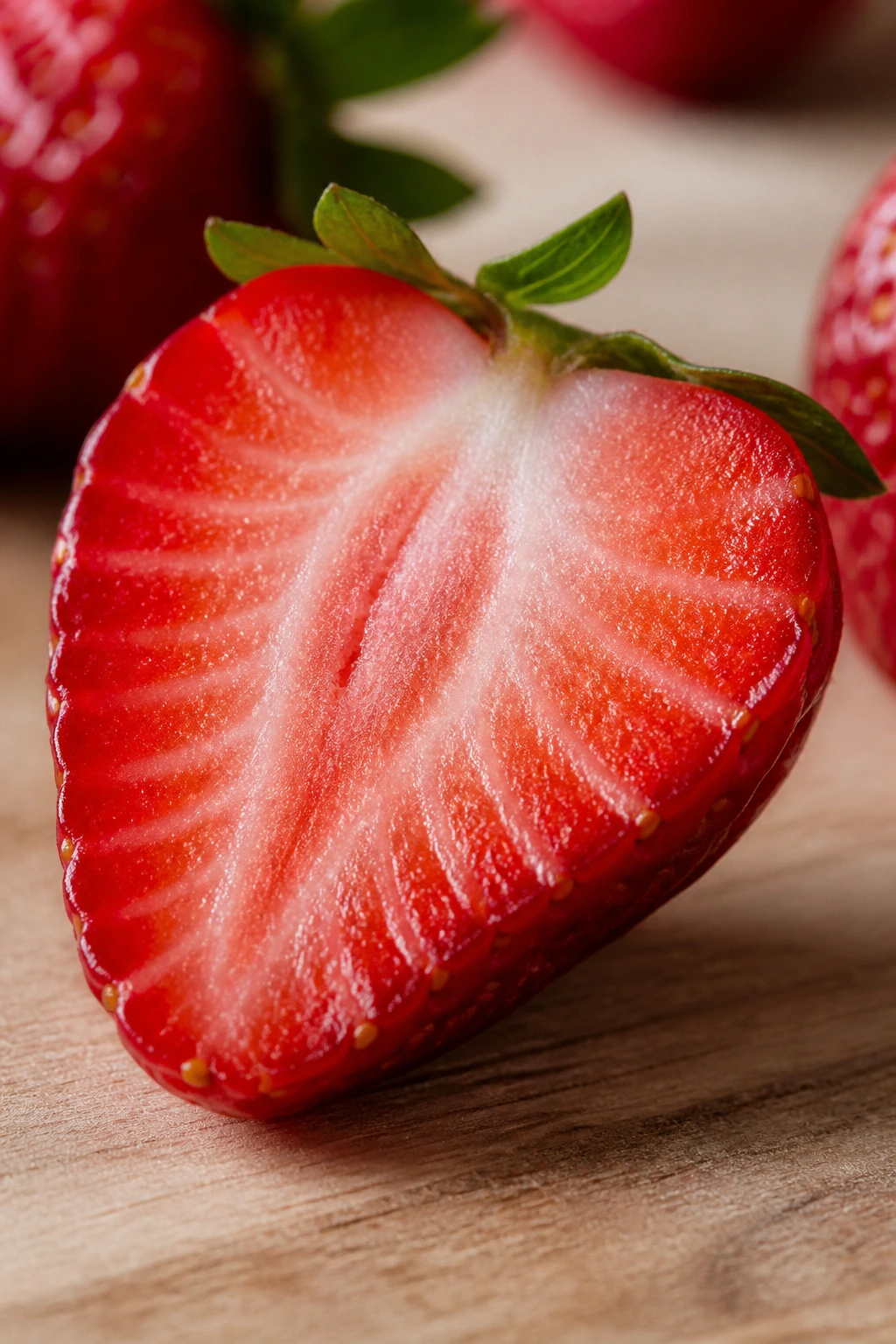 Halved strawberry close-up showing interior on wooden surface