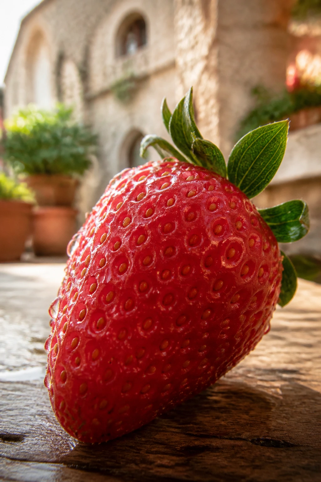 Close-up of a ripe strawberry on a rustic wooden table in warm Italian light