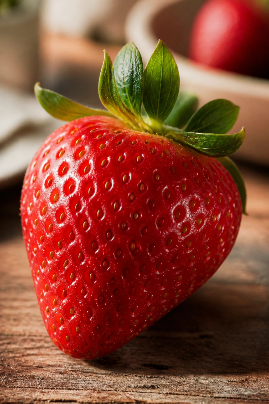 40 Strawberry Puns That Are So Berry Funny To Make Your Day 4 Close-up of a single ripe strawberry on a wooden kitchen counter with warm light