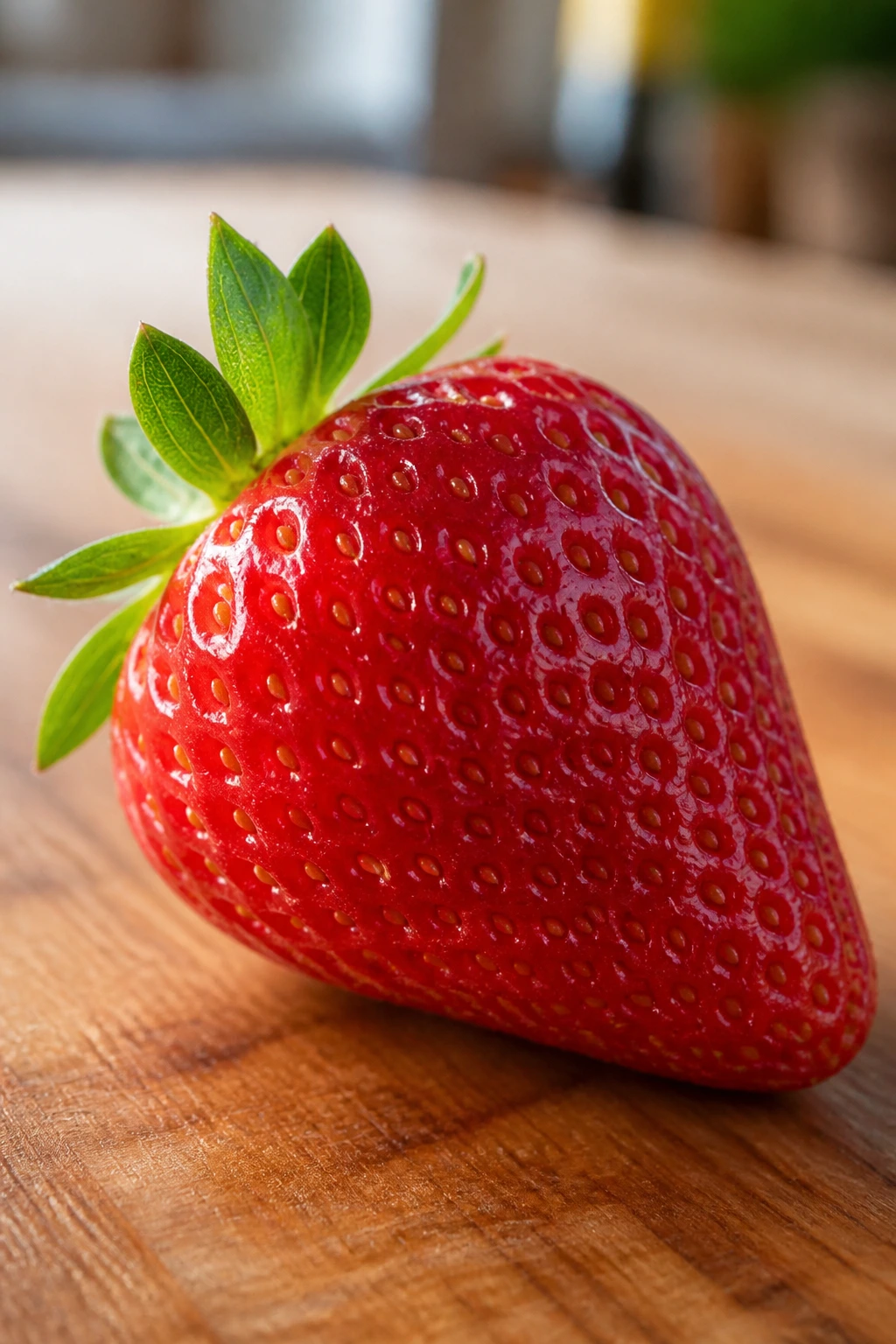 Close-up of a single strawberry on a kitchen counter