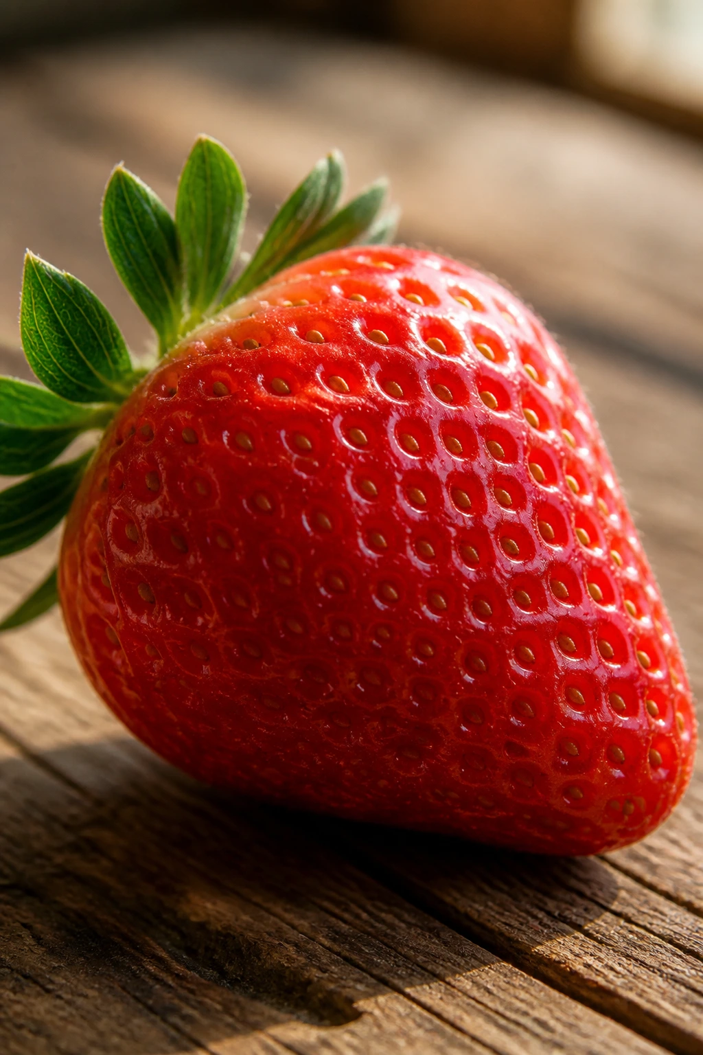Strawberry on wooden kitchen counter in warm natural light