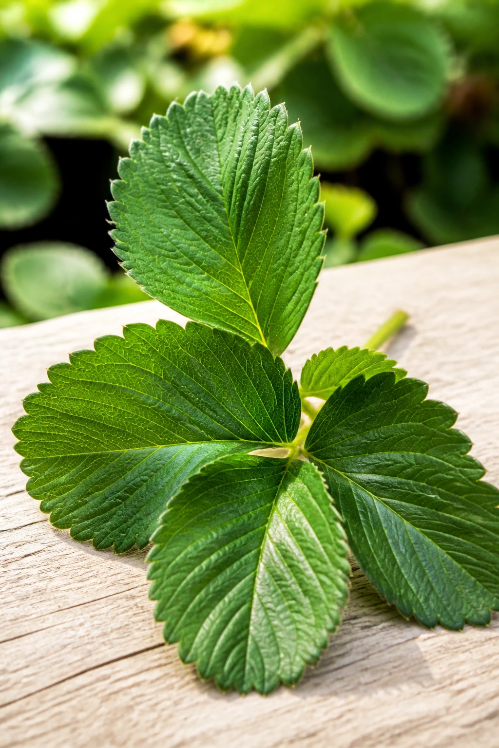 Can Cats Eat Strawberry Leaves? 2 Close-up of fresh strawberry leaves on a wooden board with natural garden light